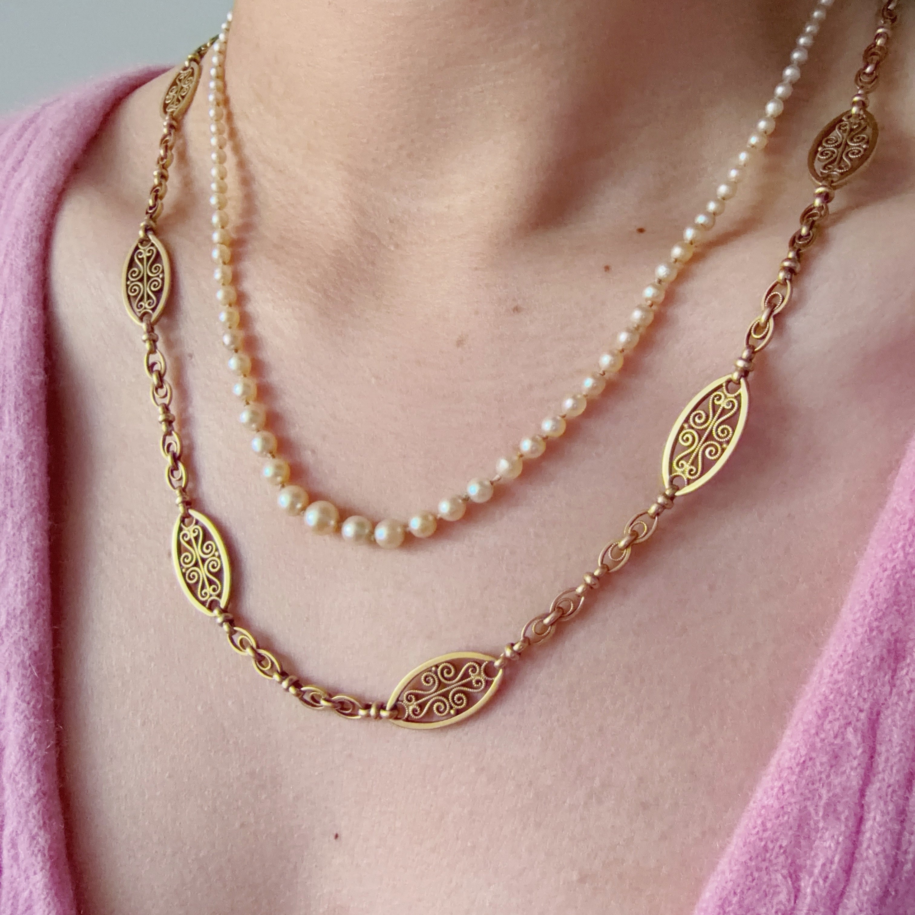 Antique French 18K gold watch chain necklace