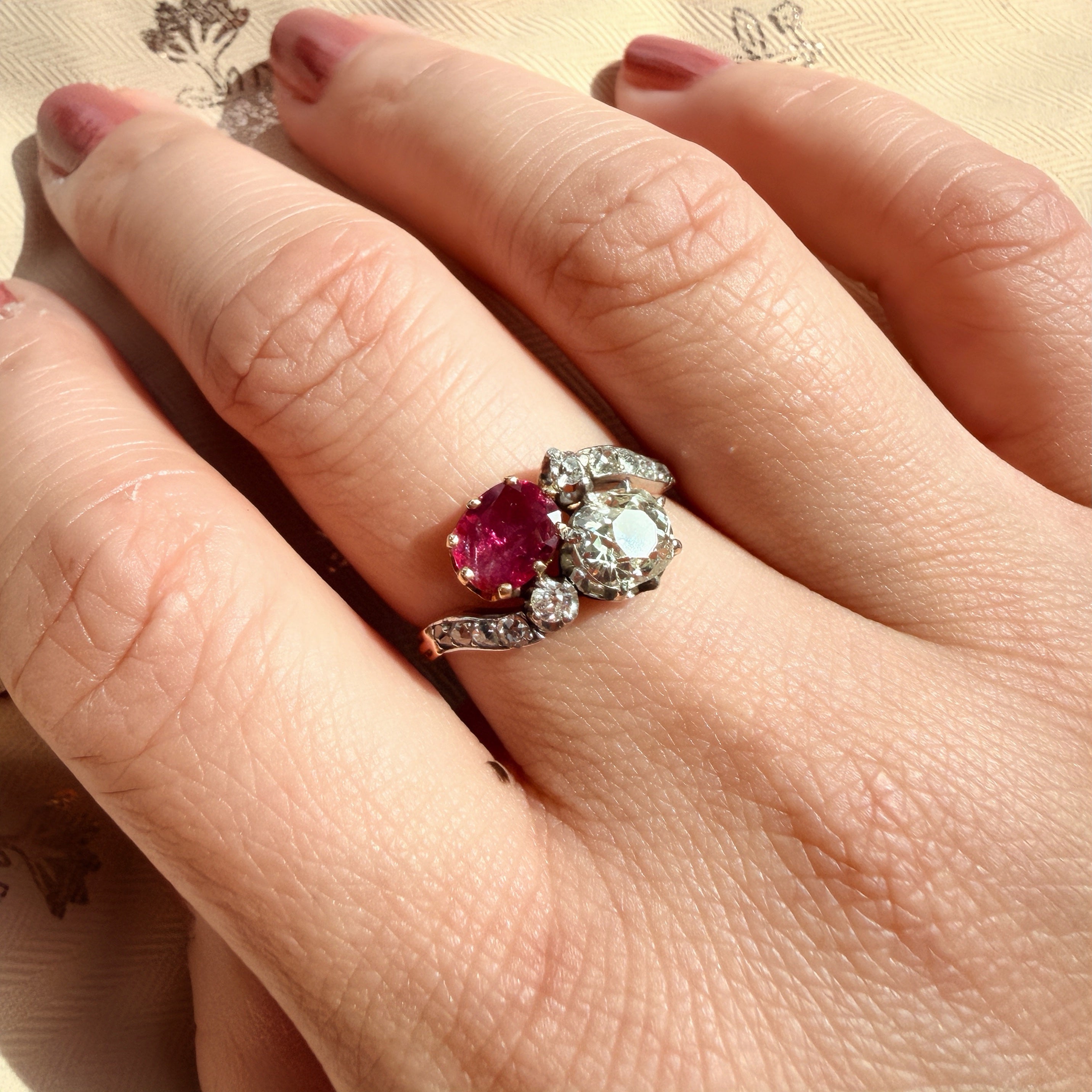 French 18K gold natural ruby & diamond you and me ring