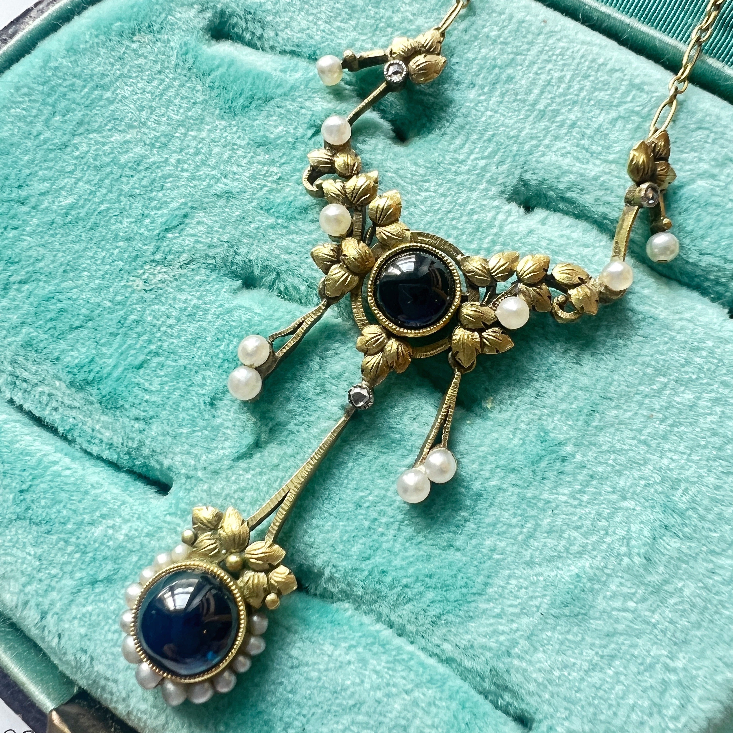 Art Nouveau 18K Gold Necklace with Sapphires, Diamonds & Natural Pearls