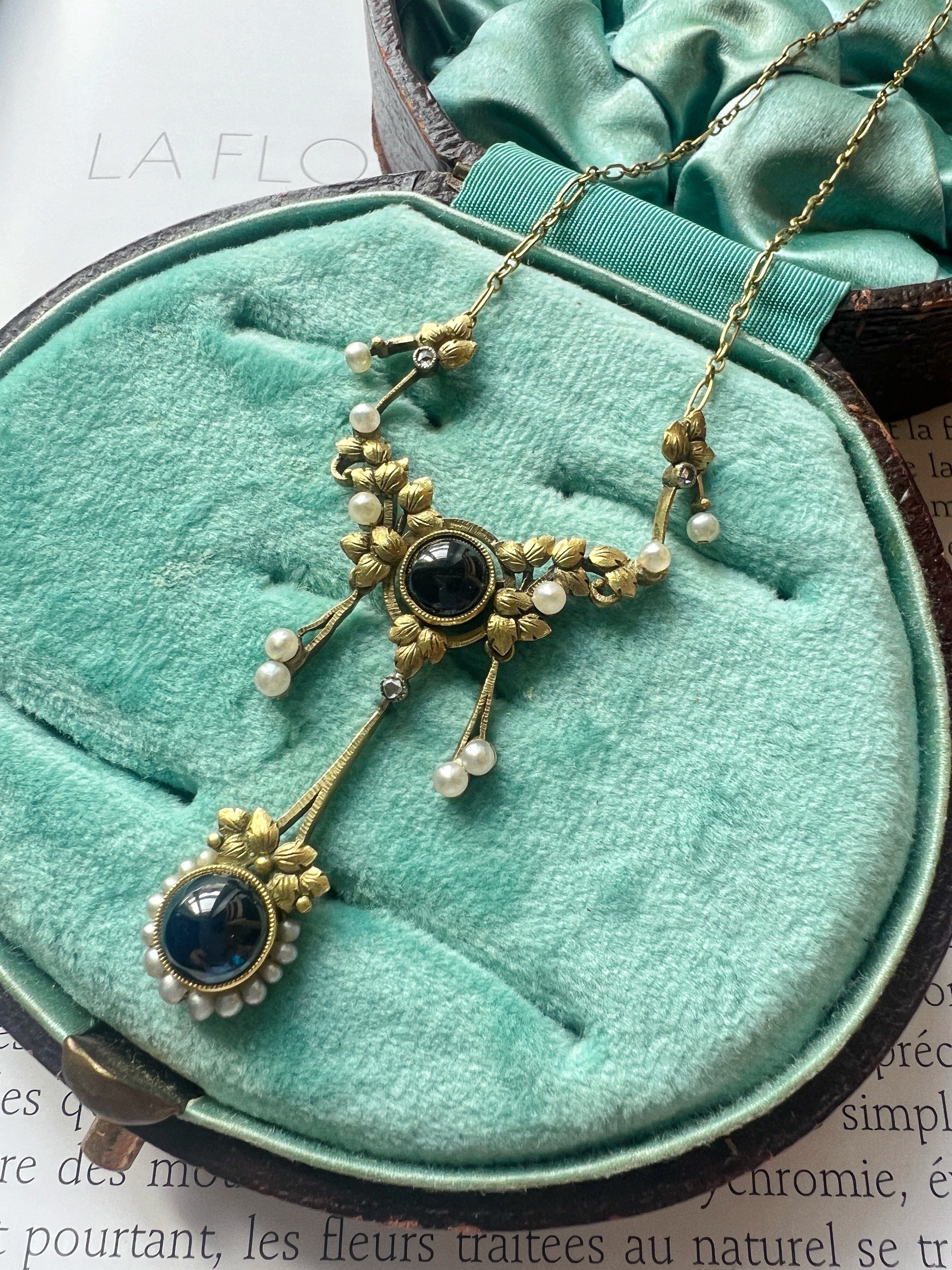 Art Nouveau 18K Gold Necklace with Sapphires, Diamonds & Natural Pearls