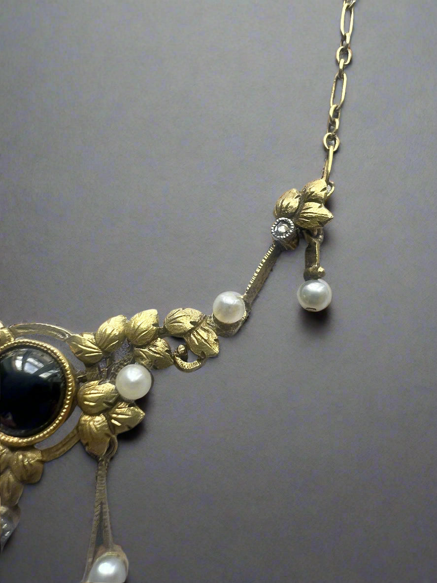 Art Nouveau 18K Gold Necklace with Sapphires, Diamonds & Natural Pearls