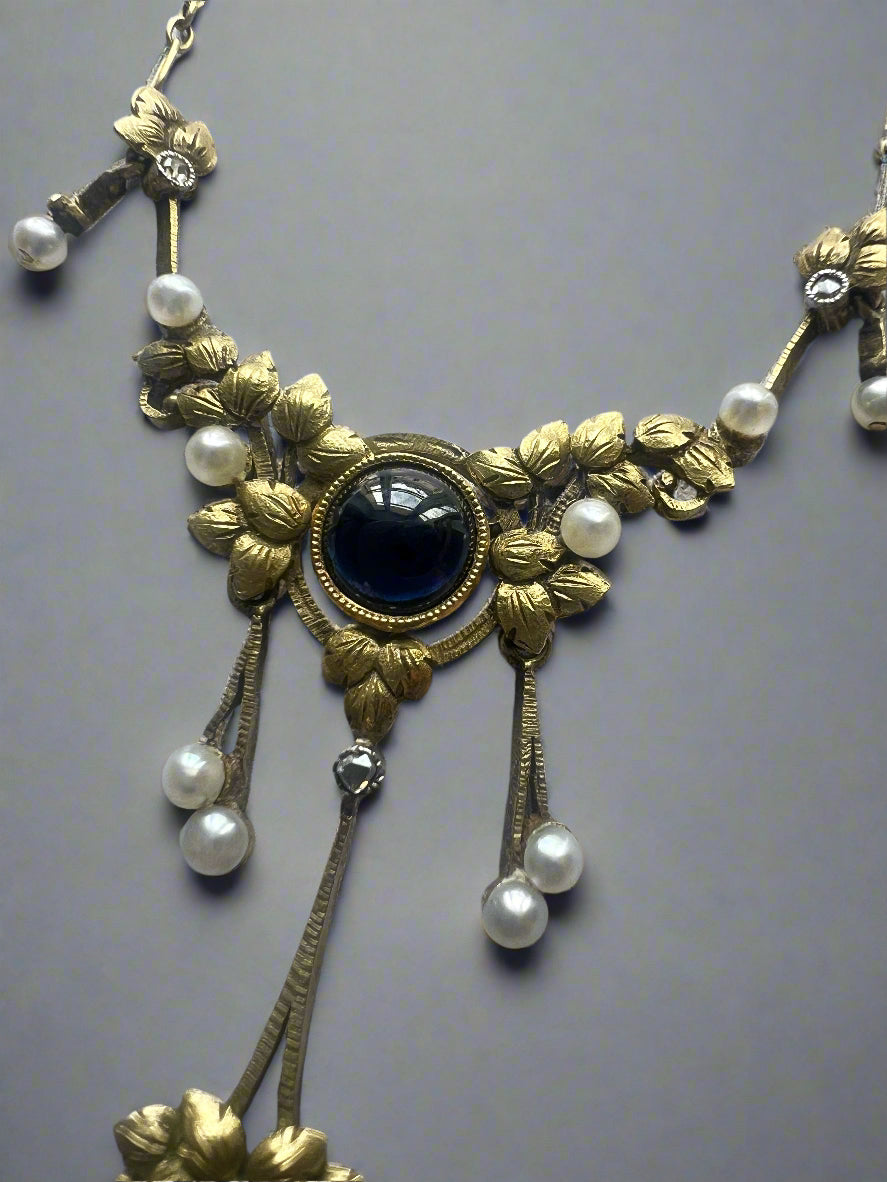 Art Nouveau 18K Gold Necklace with Sapphires, Diamonds & Natural Pearls
