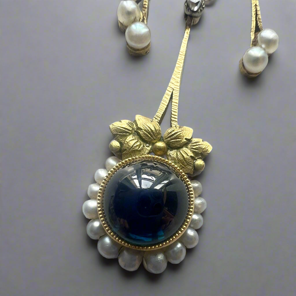 Art Nouveau 18K Gold Necklace with Sapphires, Diamonds & Natural Pearls