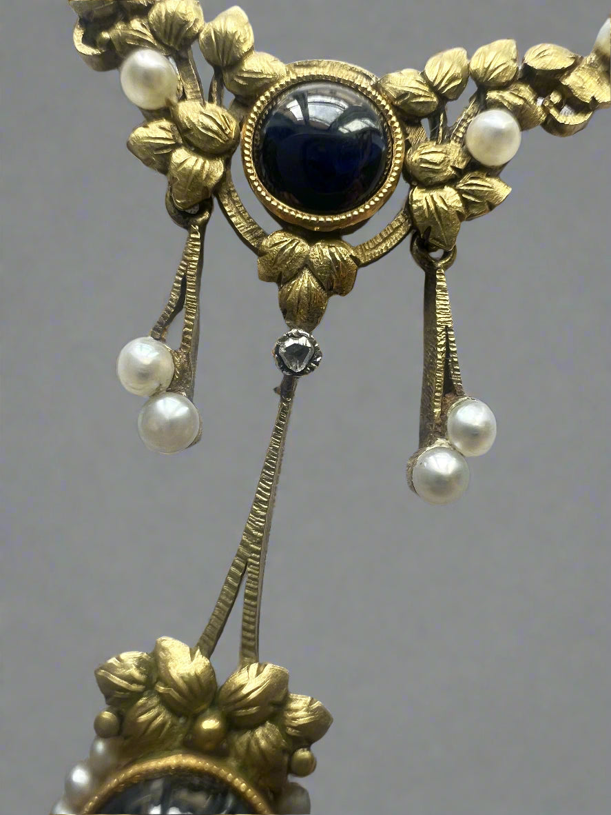 Art Nouveau 18K Gold Necklace with Sapphires, Diamonds & Natural Pearls