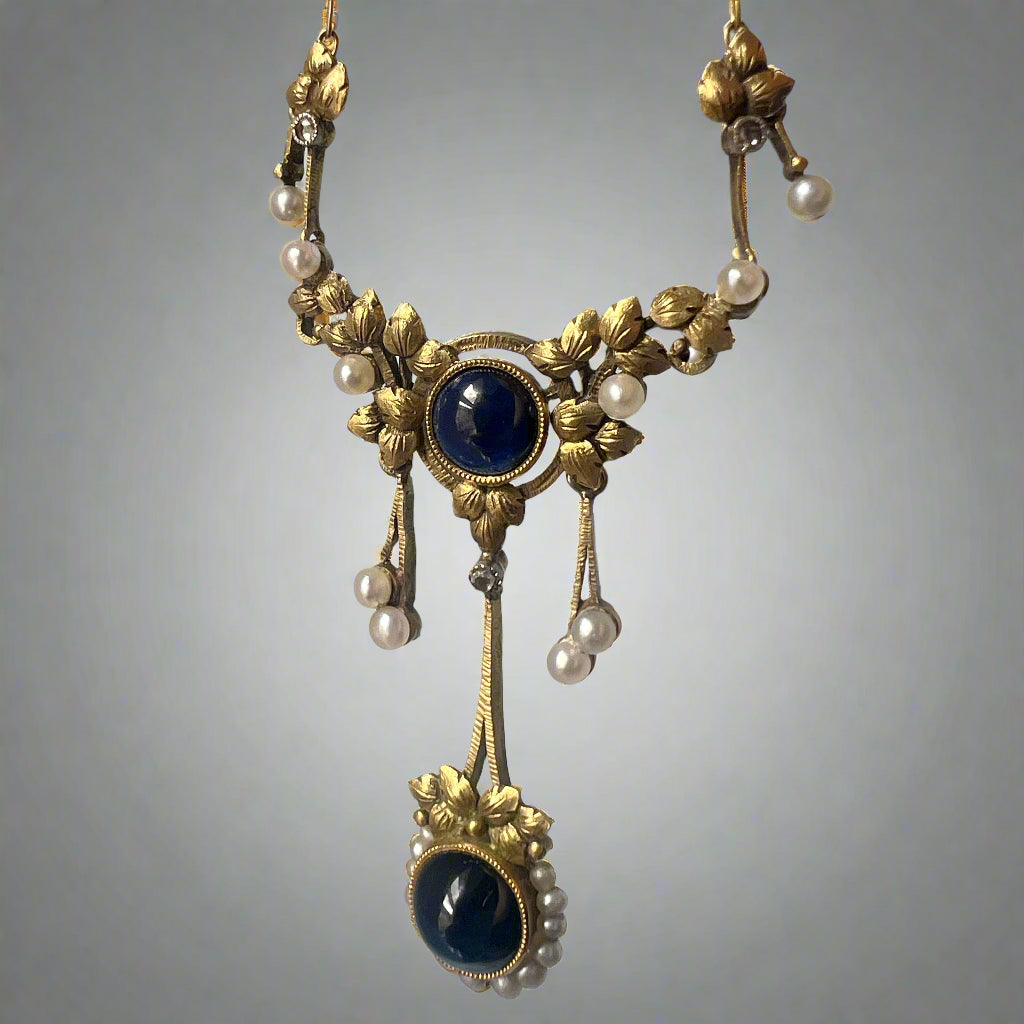 Art Nouveau 18K Gold Necklace with Sapphires, Diamonds & Natural Pearls
