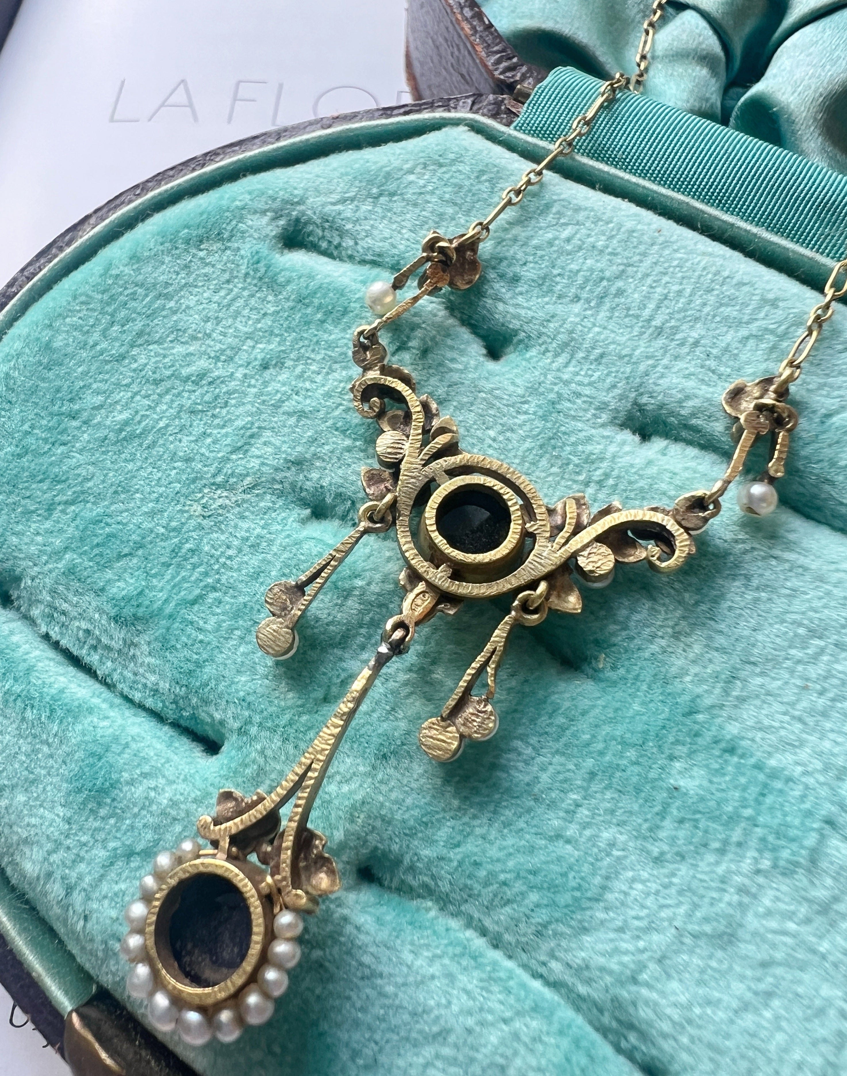 Art Nouveau 18K Gold Necklace with Sapphires, Diamonds & Natural Pearls