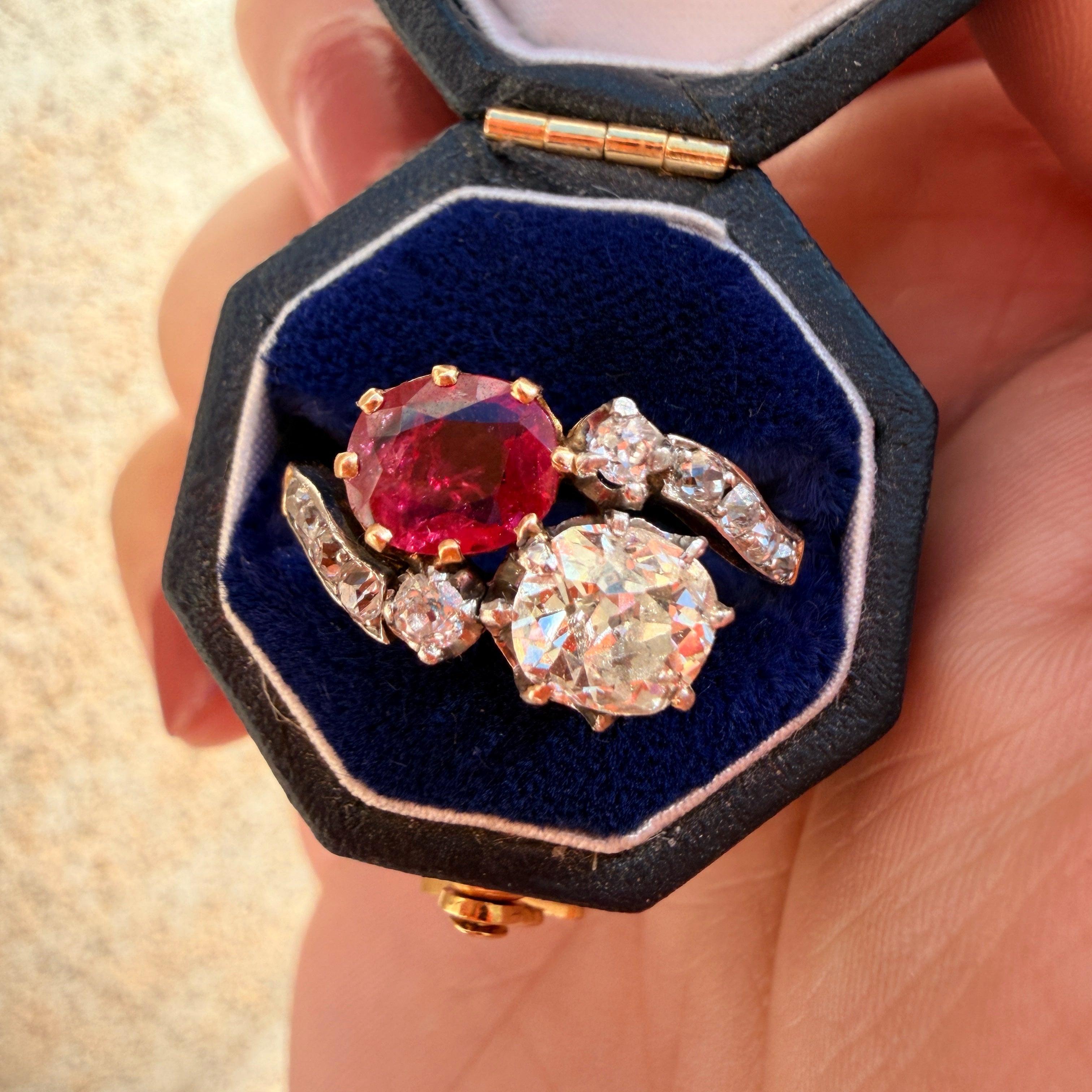 French 18K gold natural ruby & diamond you and me ring