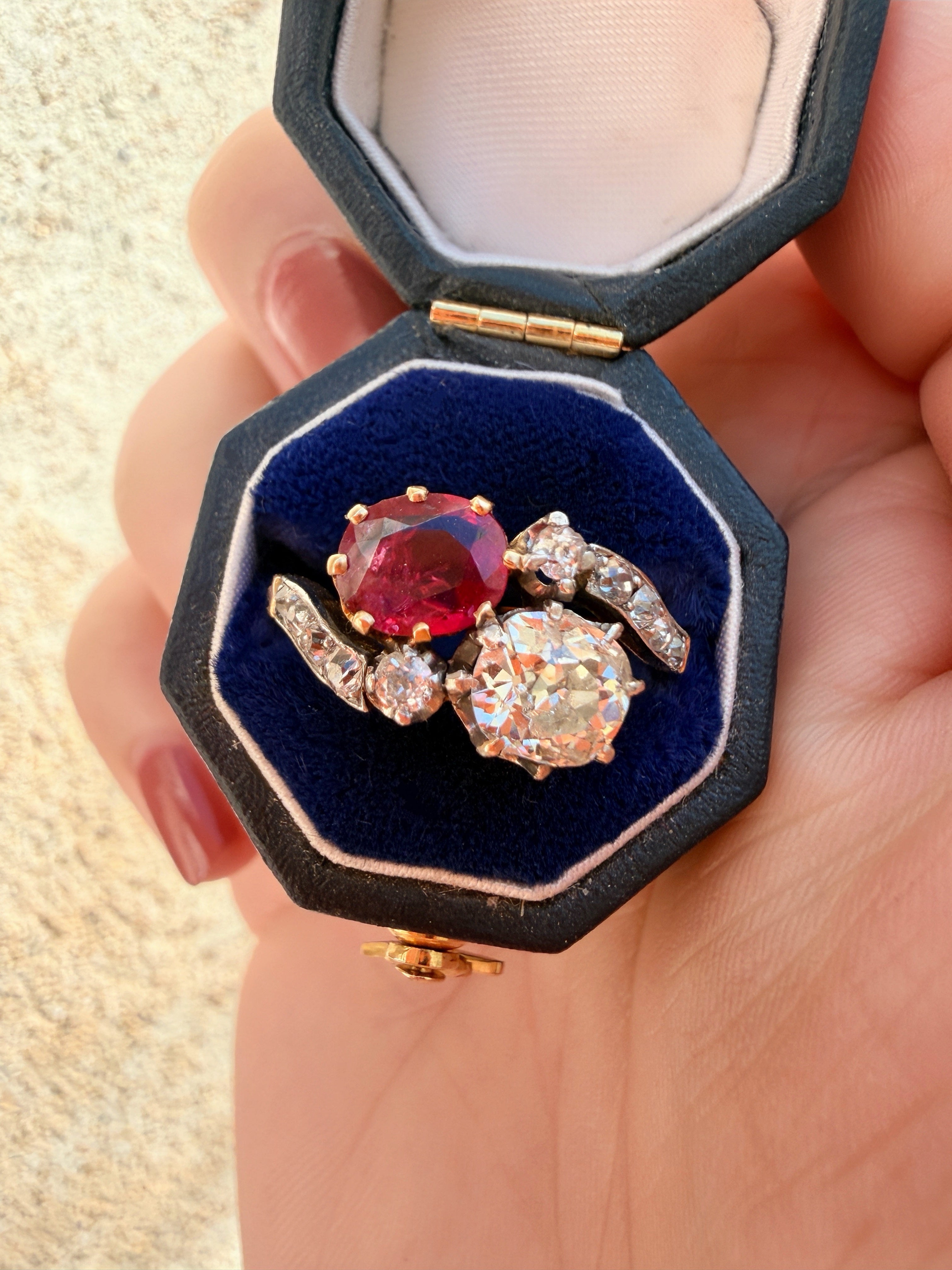 French 18K gold natural ruby & diamond you and me ring
