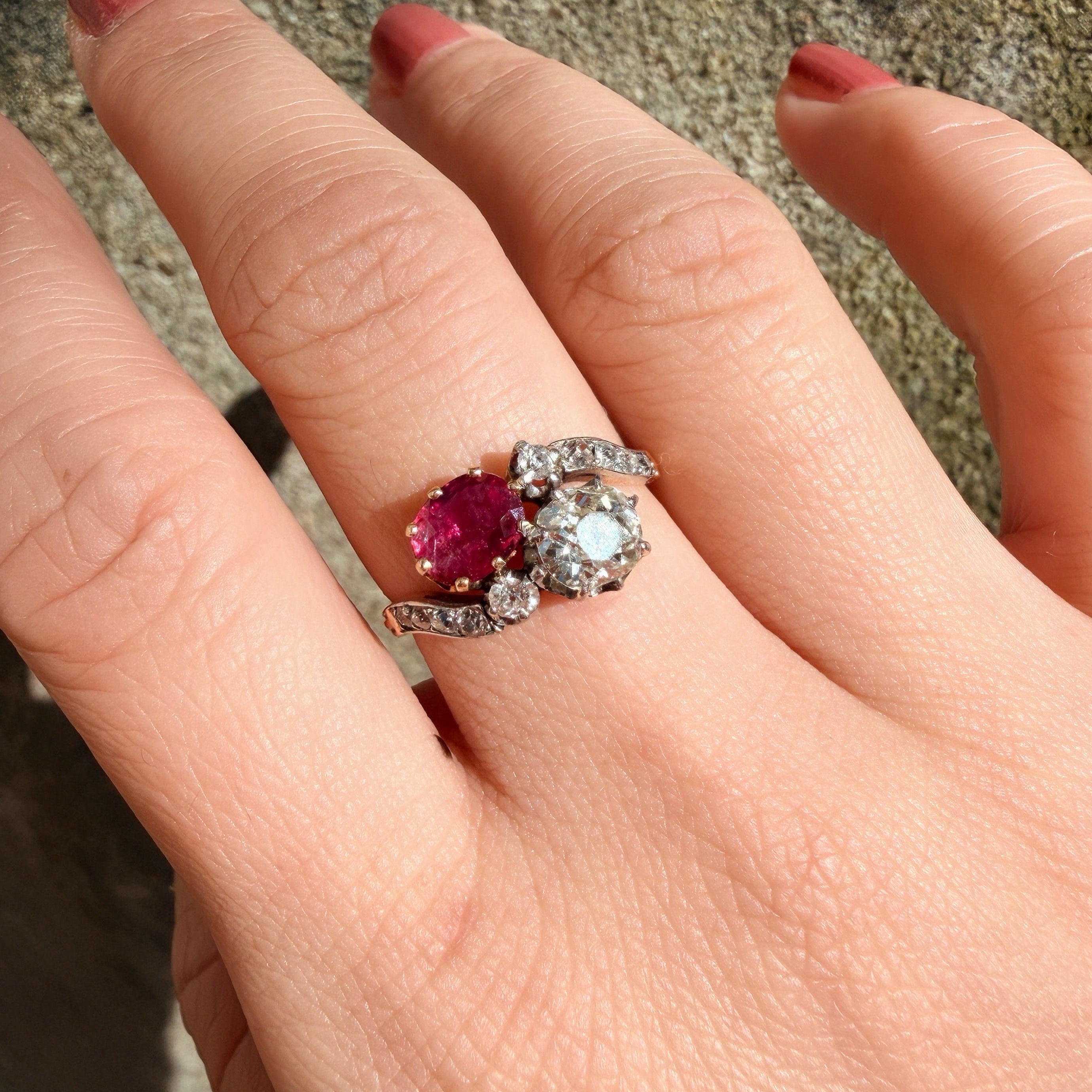 French 18K gold natural ruby & diamond you and me ring