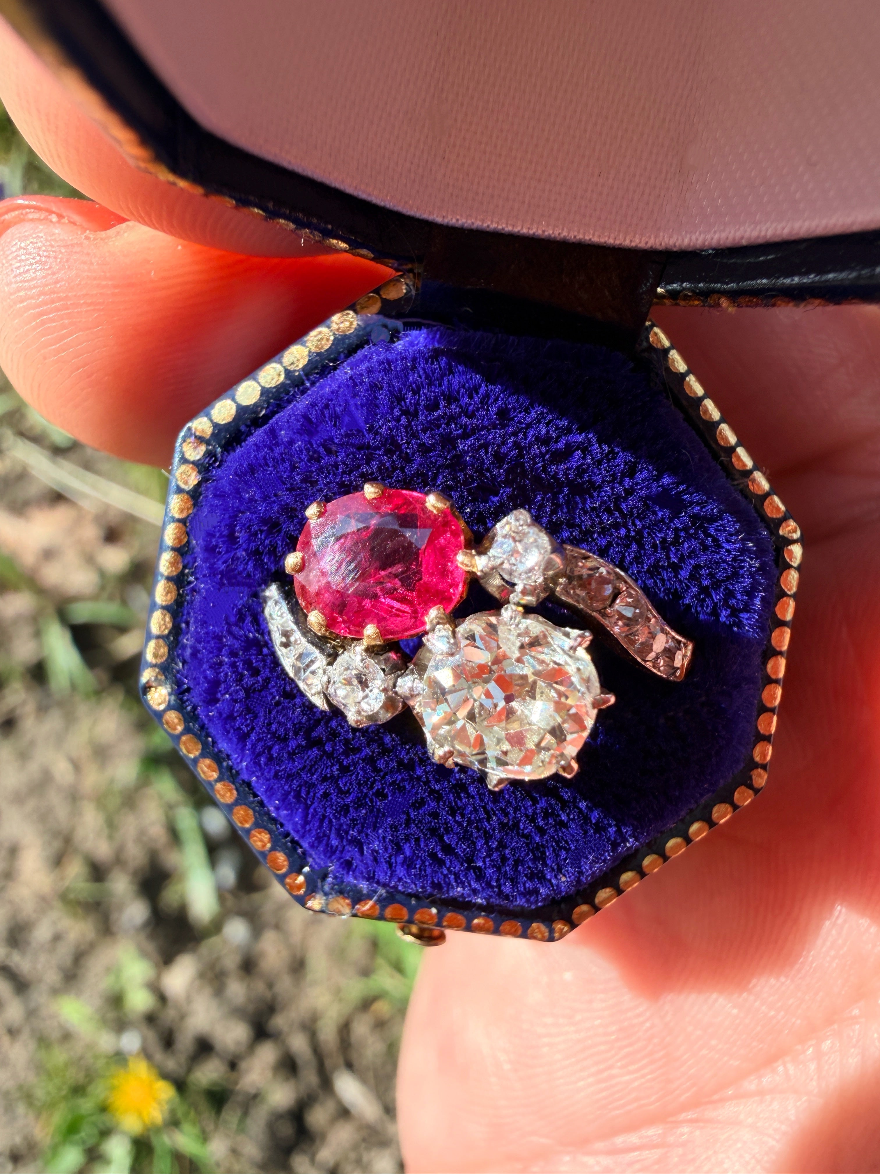 French 18K gold natural ruby & diamond you and me ring