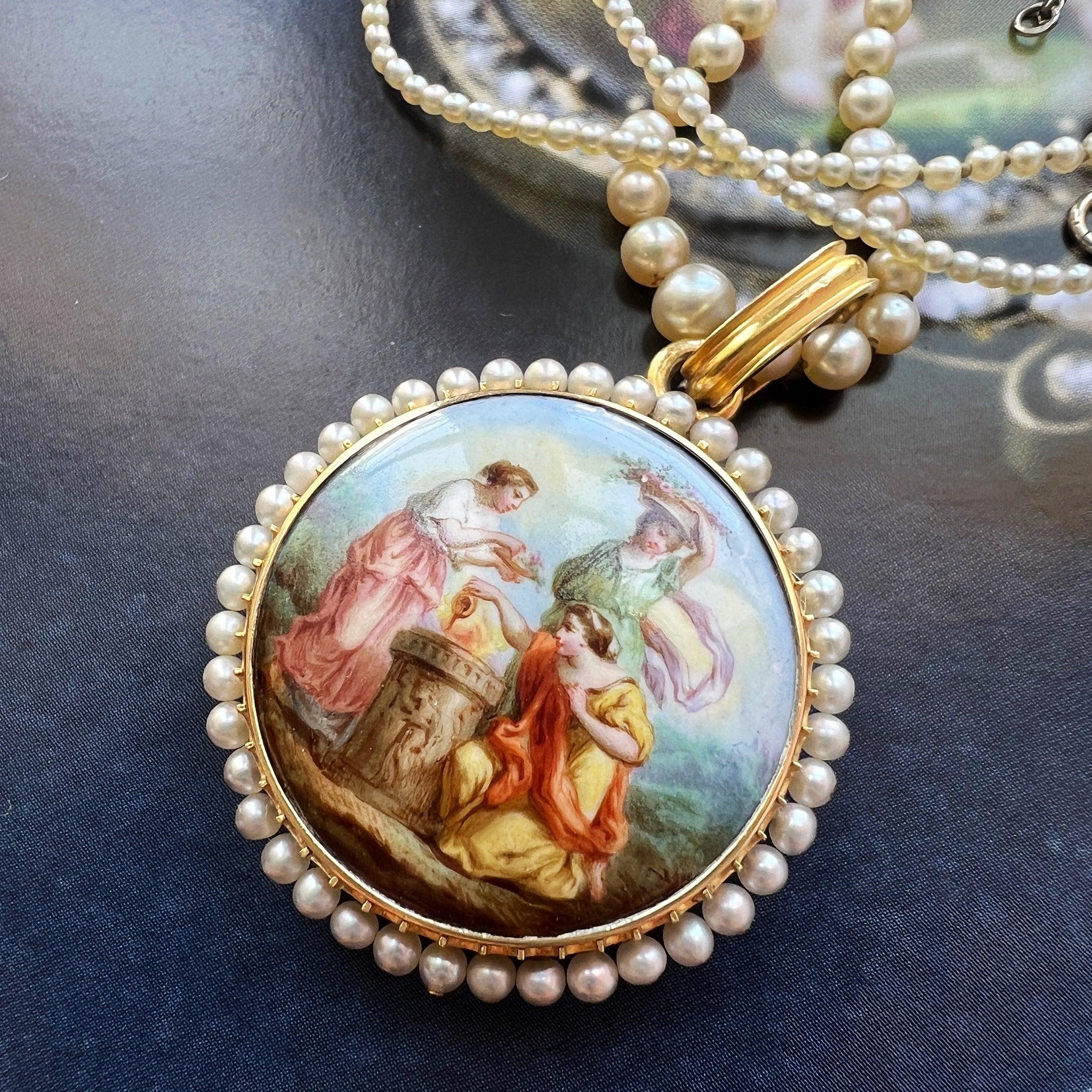 Victorian era 18K gold natural pearl enamel miniature portrait locket pendant - Curiously timeless