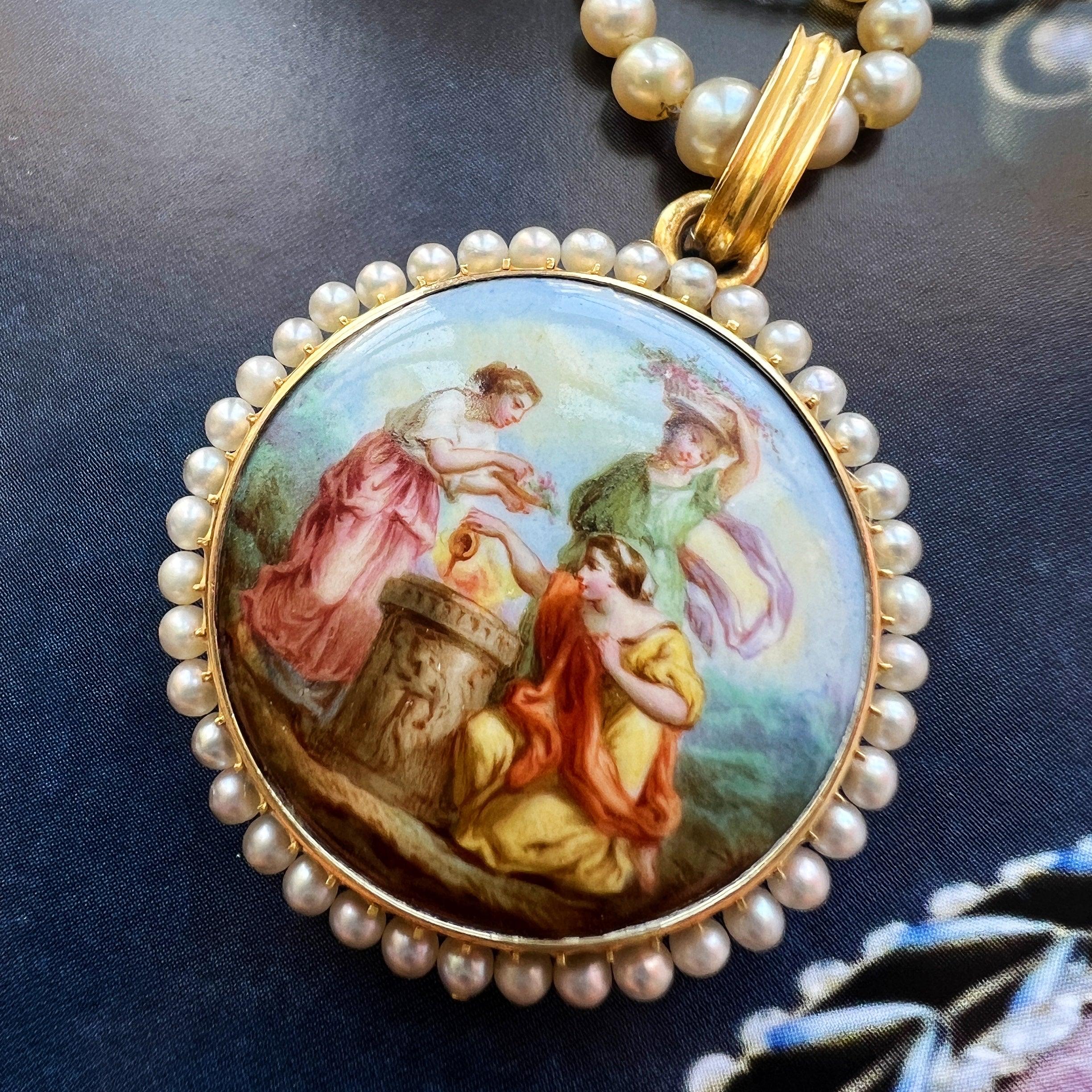 Victorian era 18K gold natural pearl enamel miniature portrait locket pendant - Curiously timeless