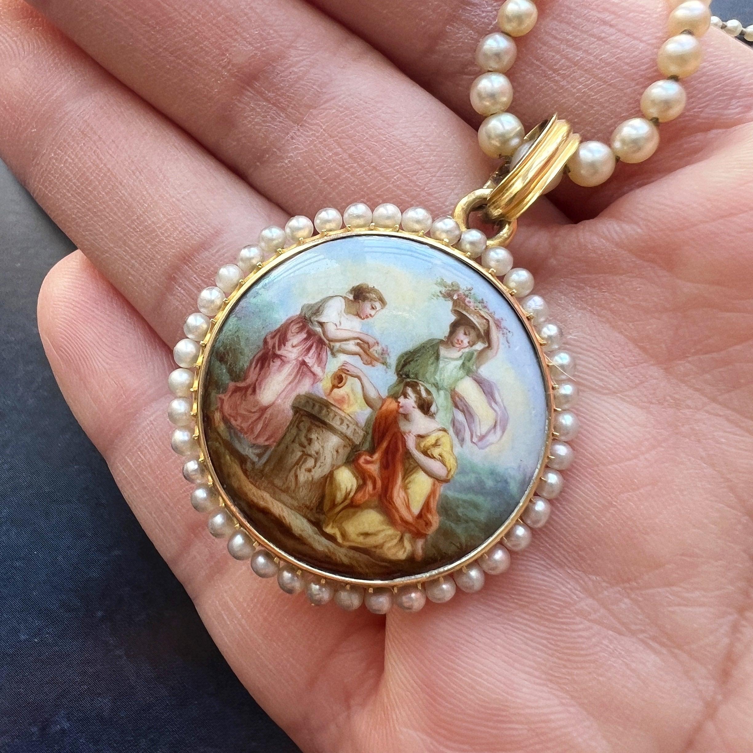 Victorian era 18K gold natural pearl enamel miniature portrait locket pendant - Curiously timeless