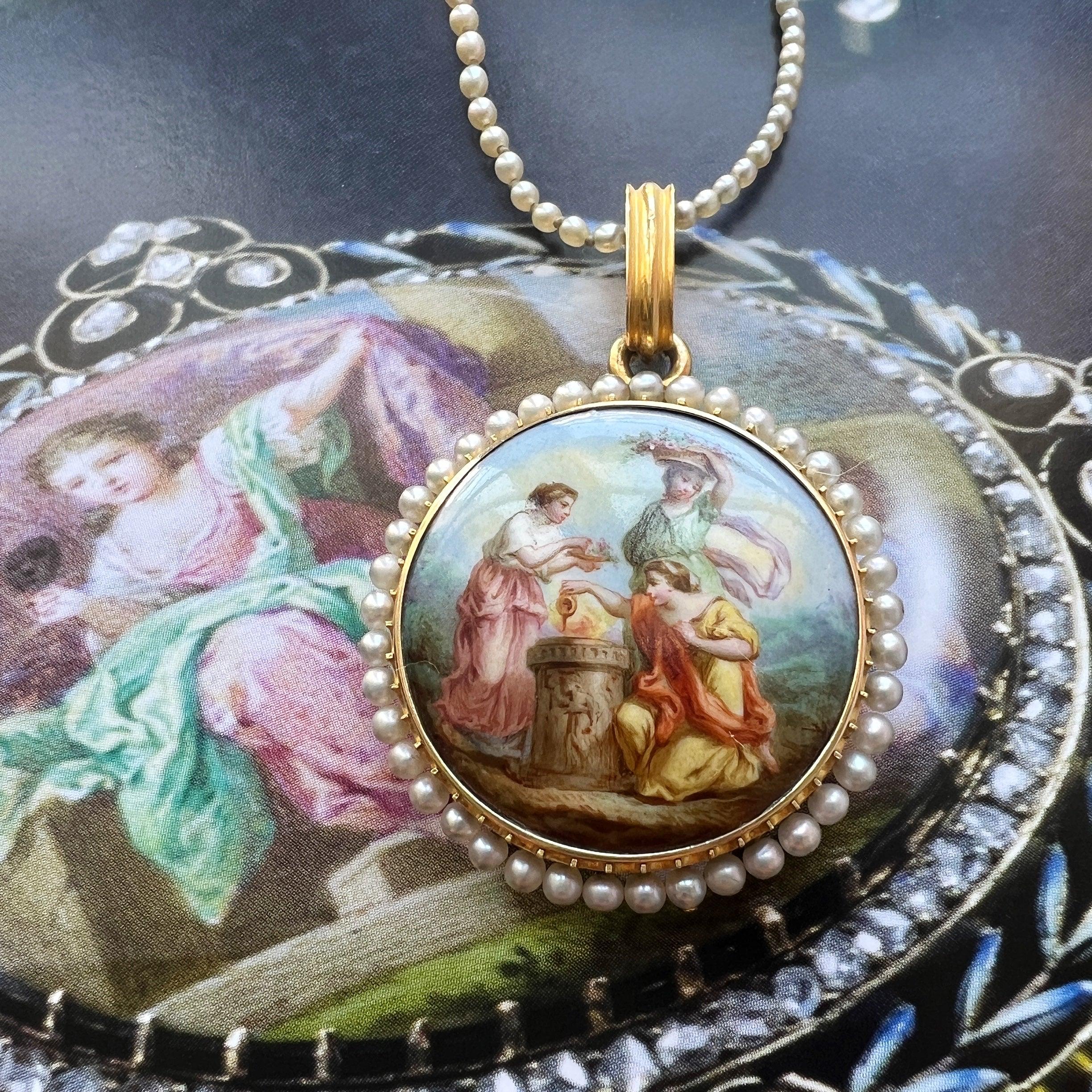 Victorian era 18K gold natural pearl enamel miniature portrait locket pendant - Curiously timeless