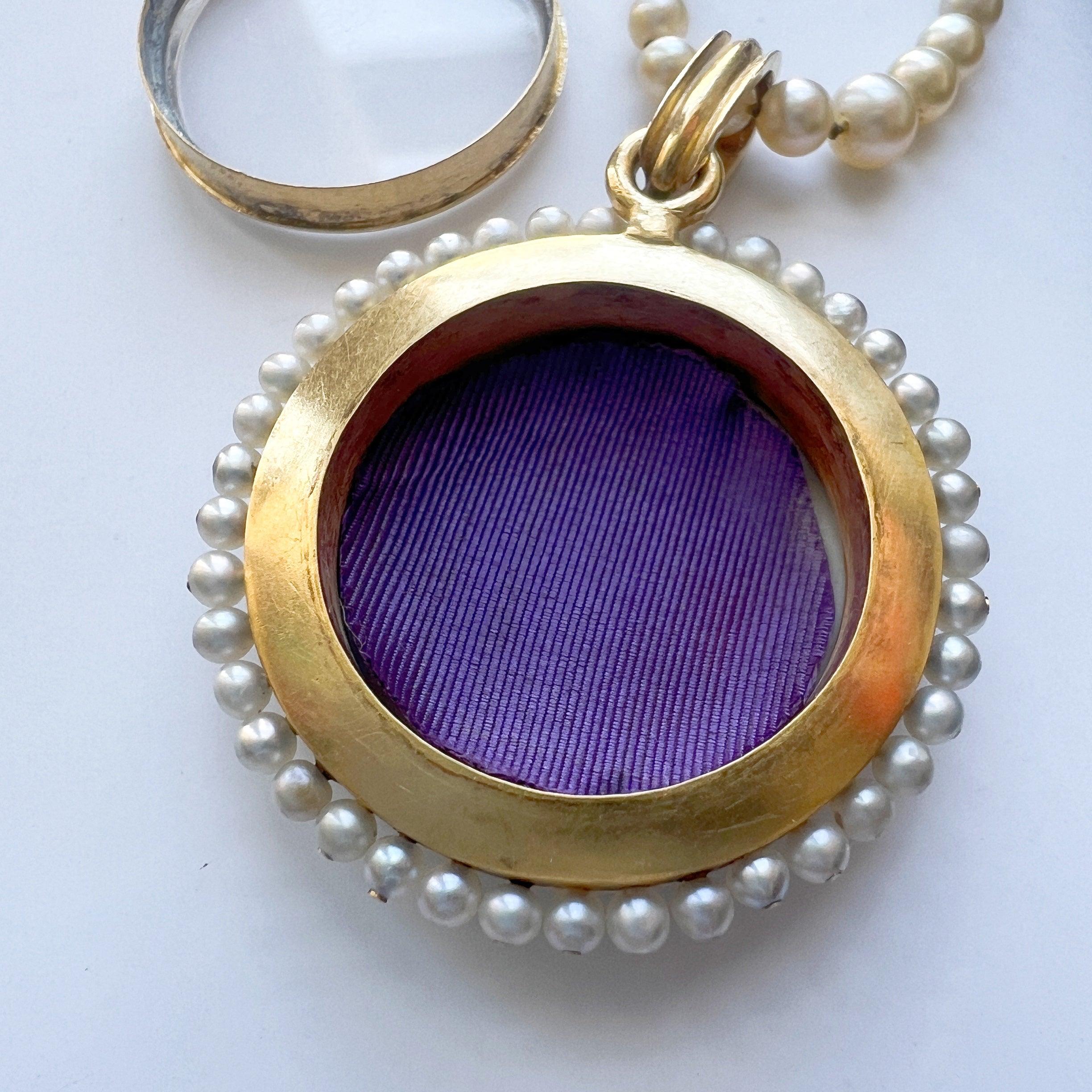 Victorian era 18K gold natural pearl enamel miniature portrait locket pendant - Curiously timeless