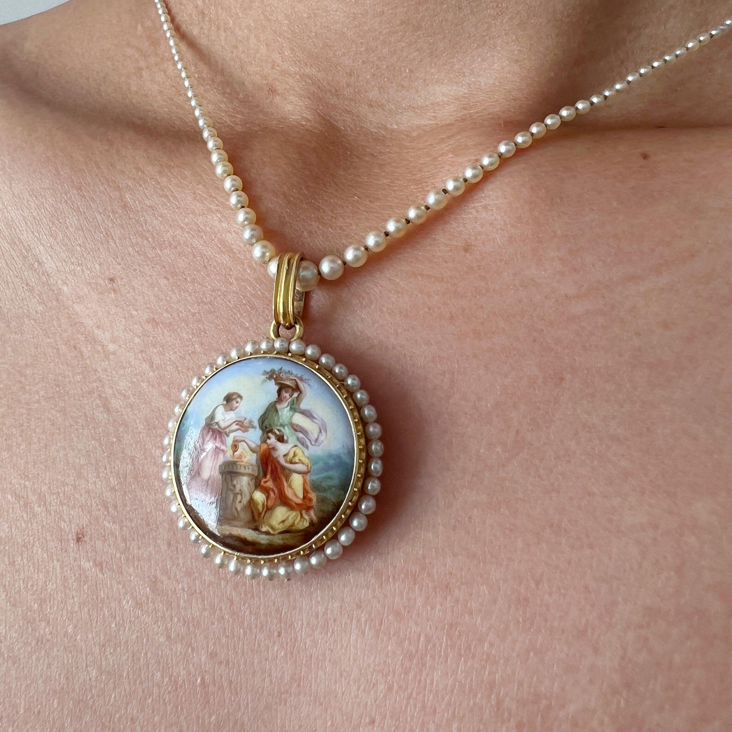 Victorian era 18K gold natural pearl enamel miniature portrait locket pendant - Curiously timeless