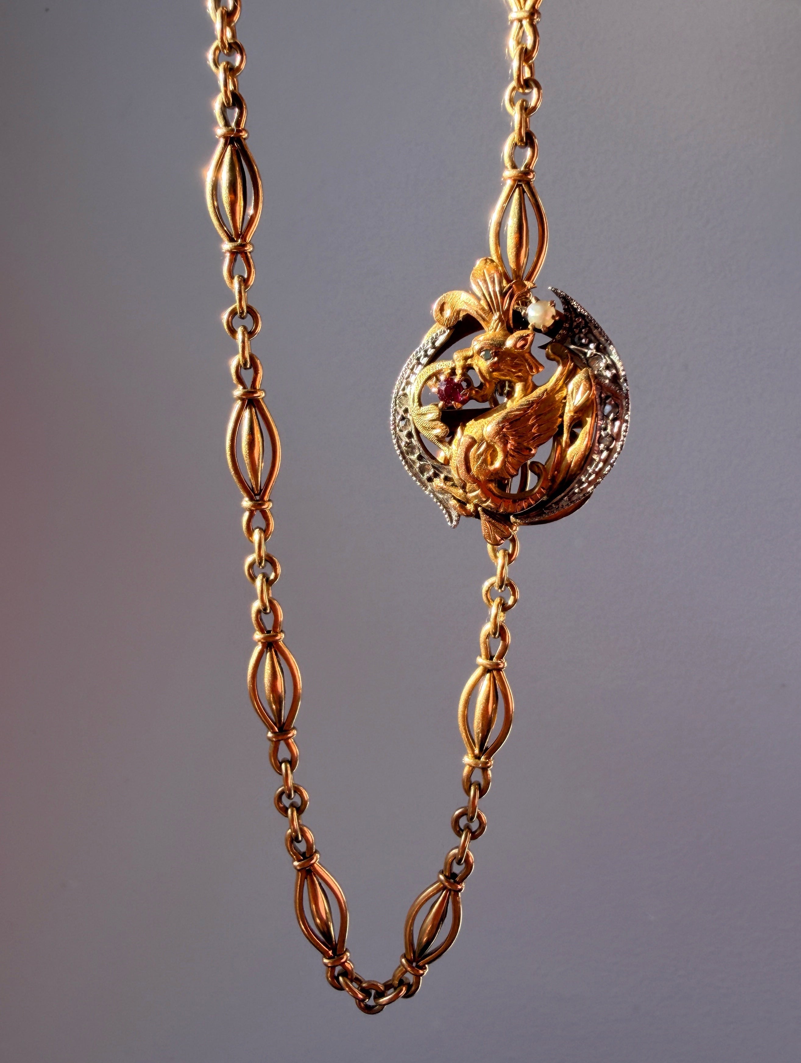 French Art Nouveau 18K gold chimera chain clip 