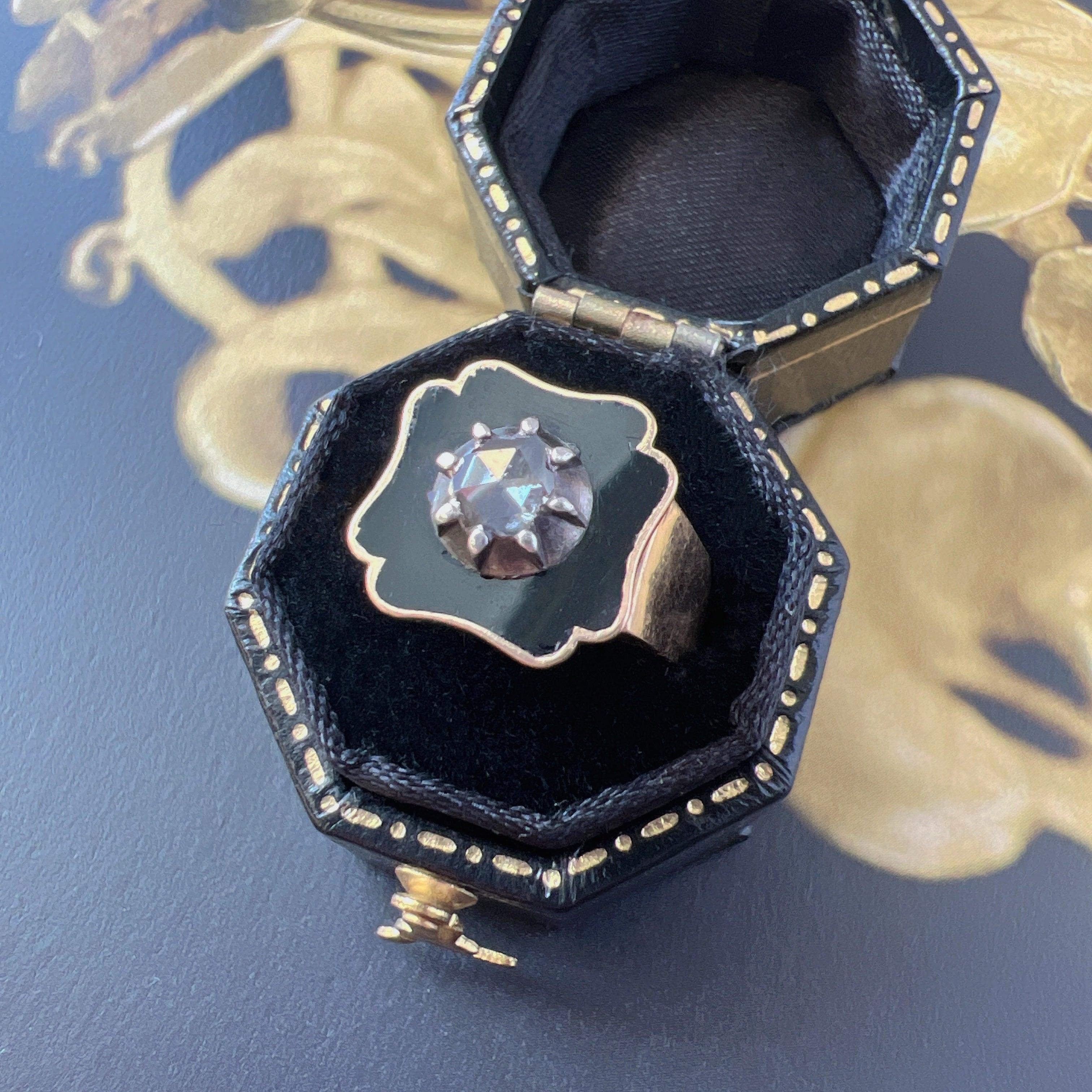 Victorian era 18K gold black enamel diamond signet ring - Curiously timeless