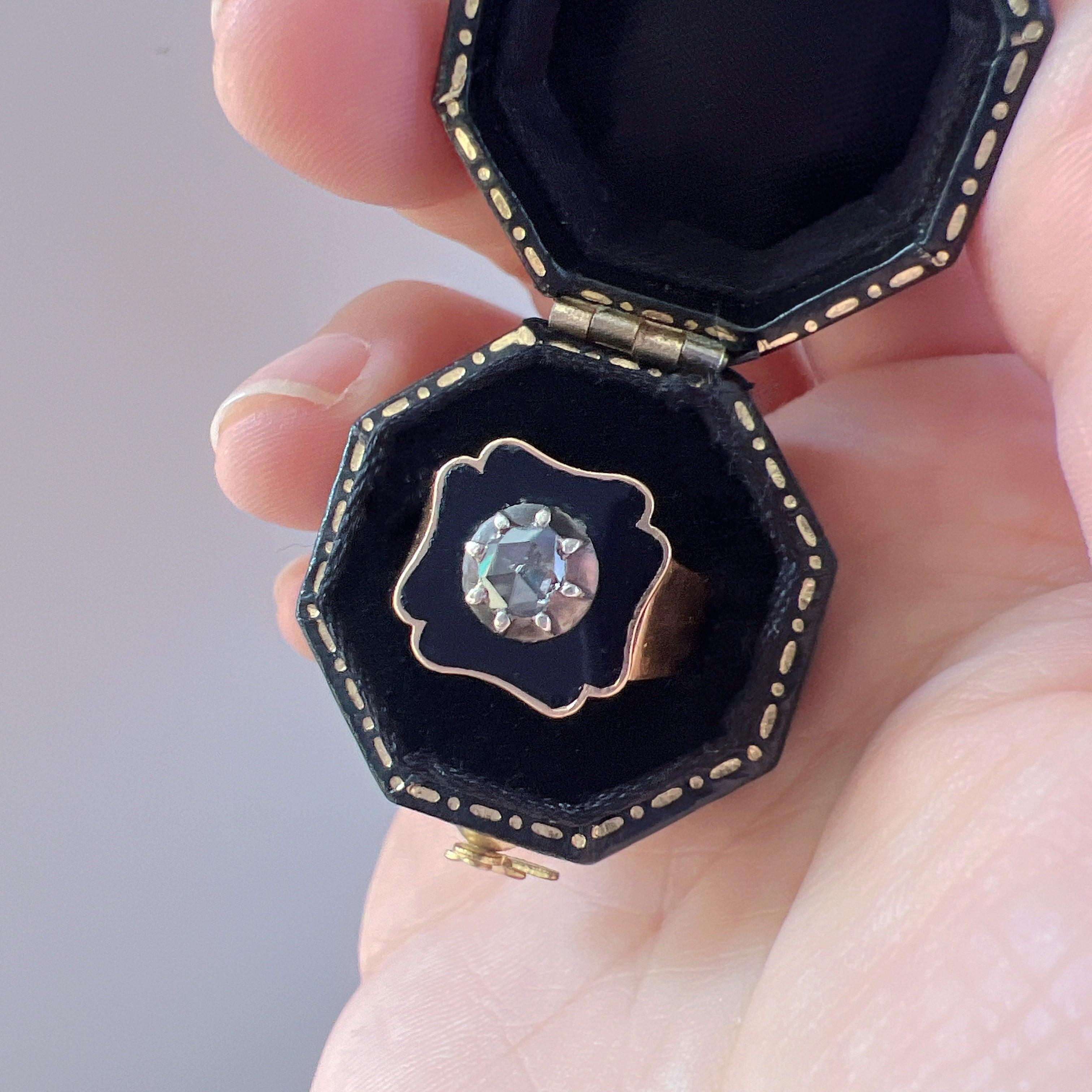 Victorian era 18K gold black enamel diamond signet ring - Curiously timeless