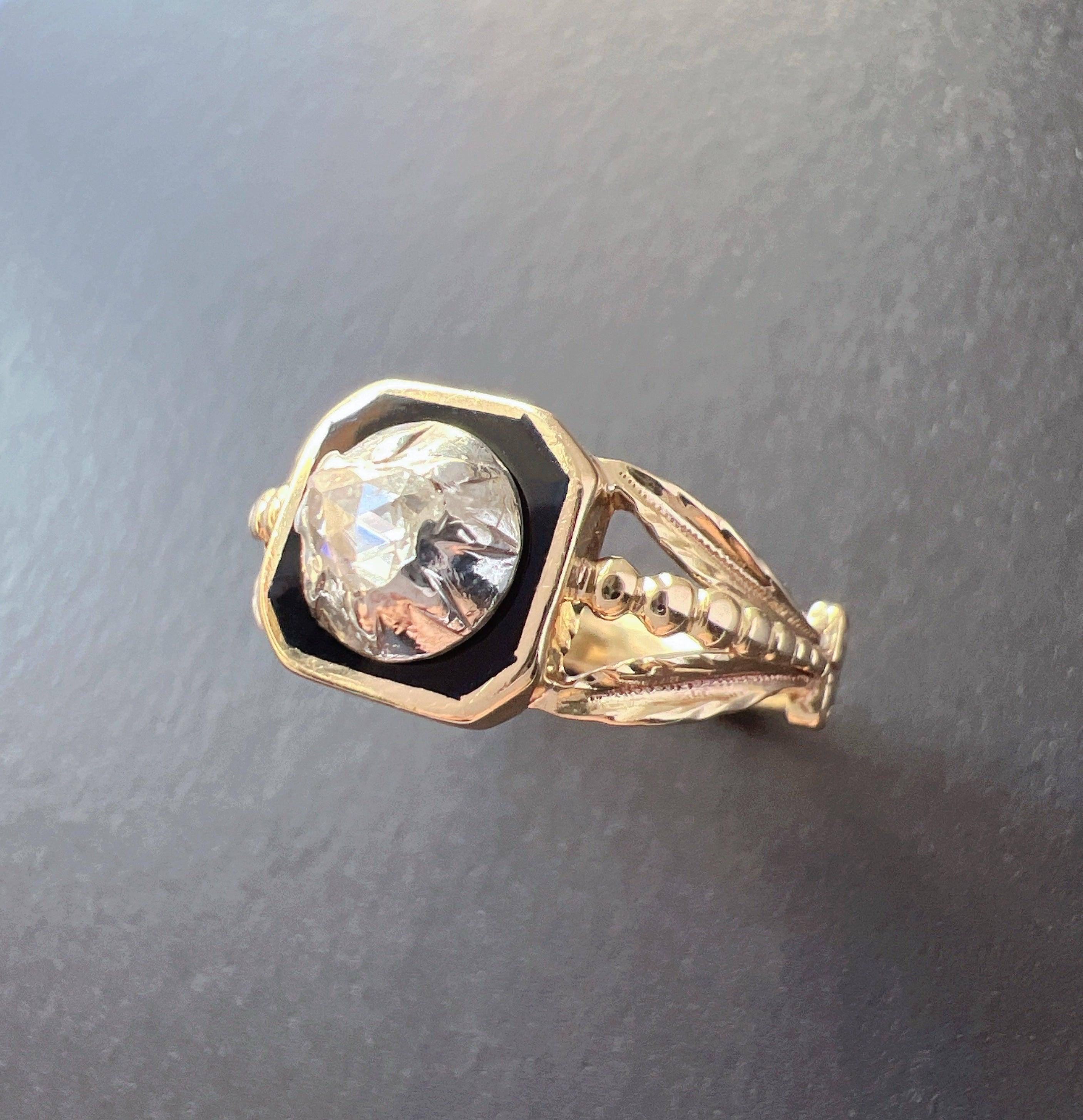 Antique 18K gold black enamel diamond floral ring - Curiously timeless