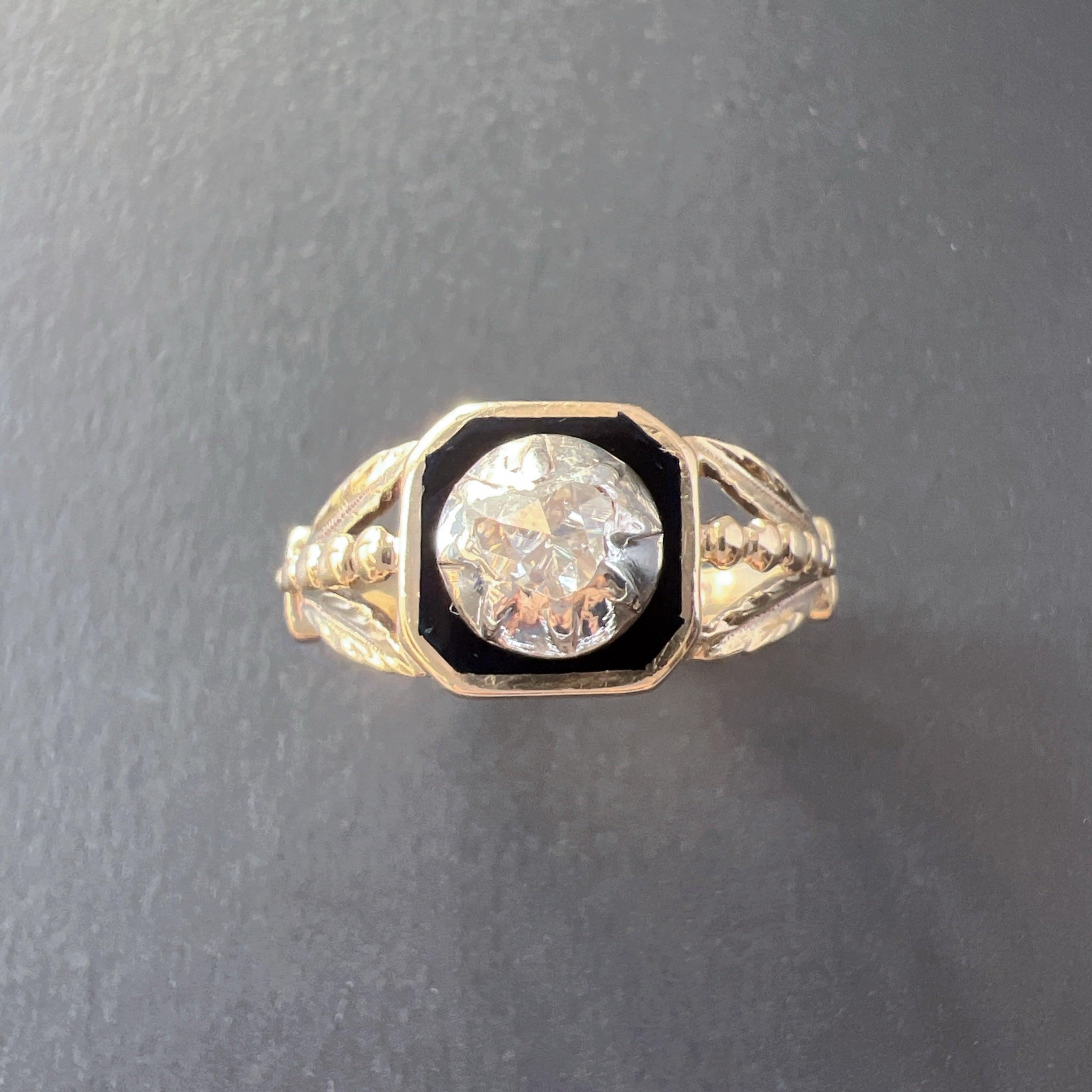 Antique 18K gold black enamel diamond floral ring - Curiously timeless