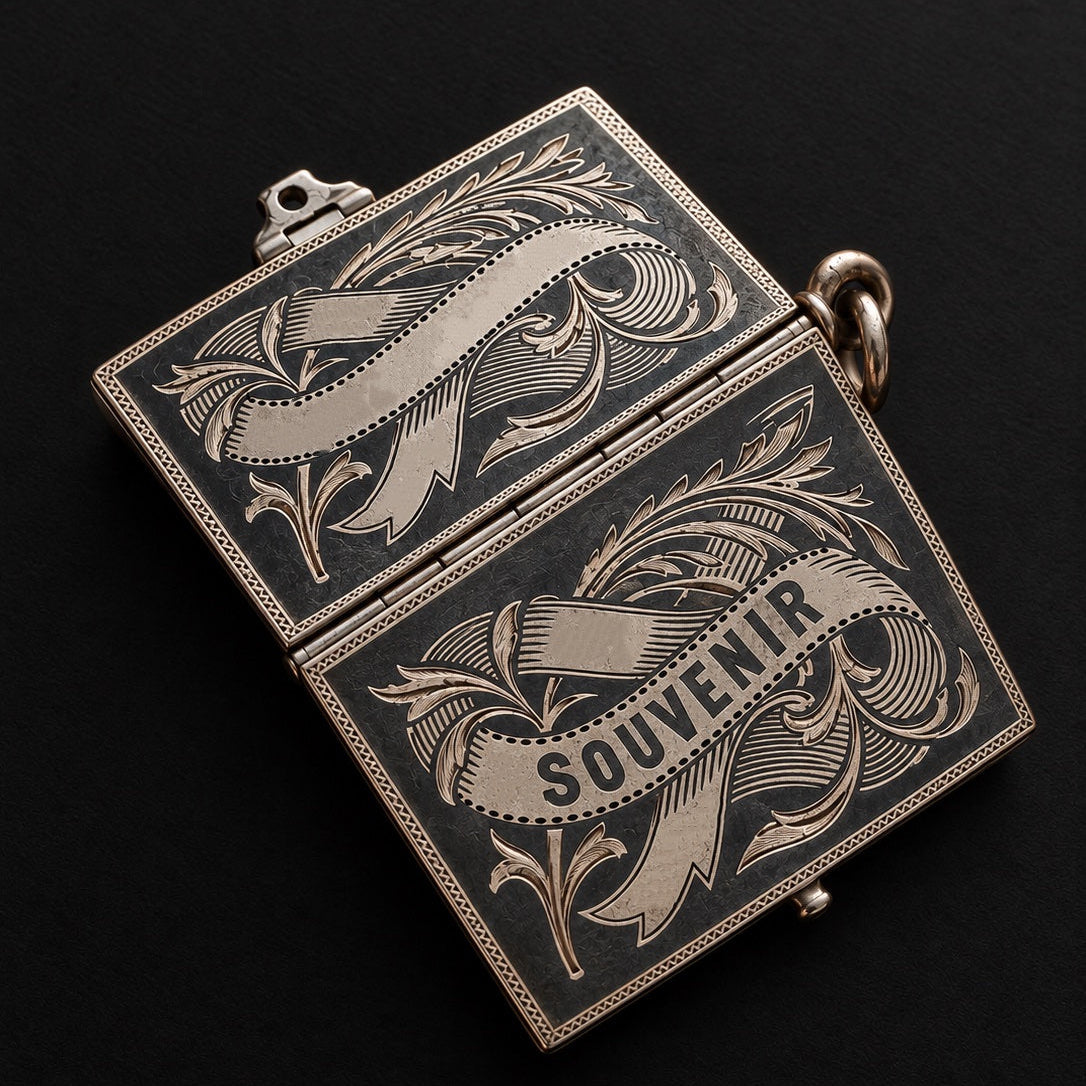 Antique Niello Silver “Souvenir” memory book locket pendant