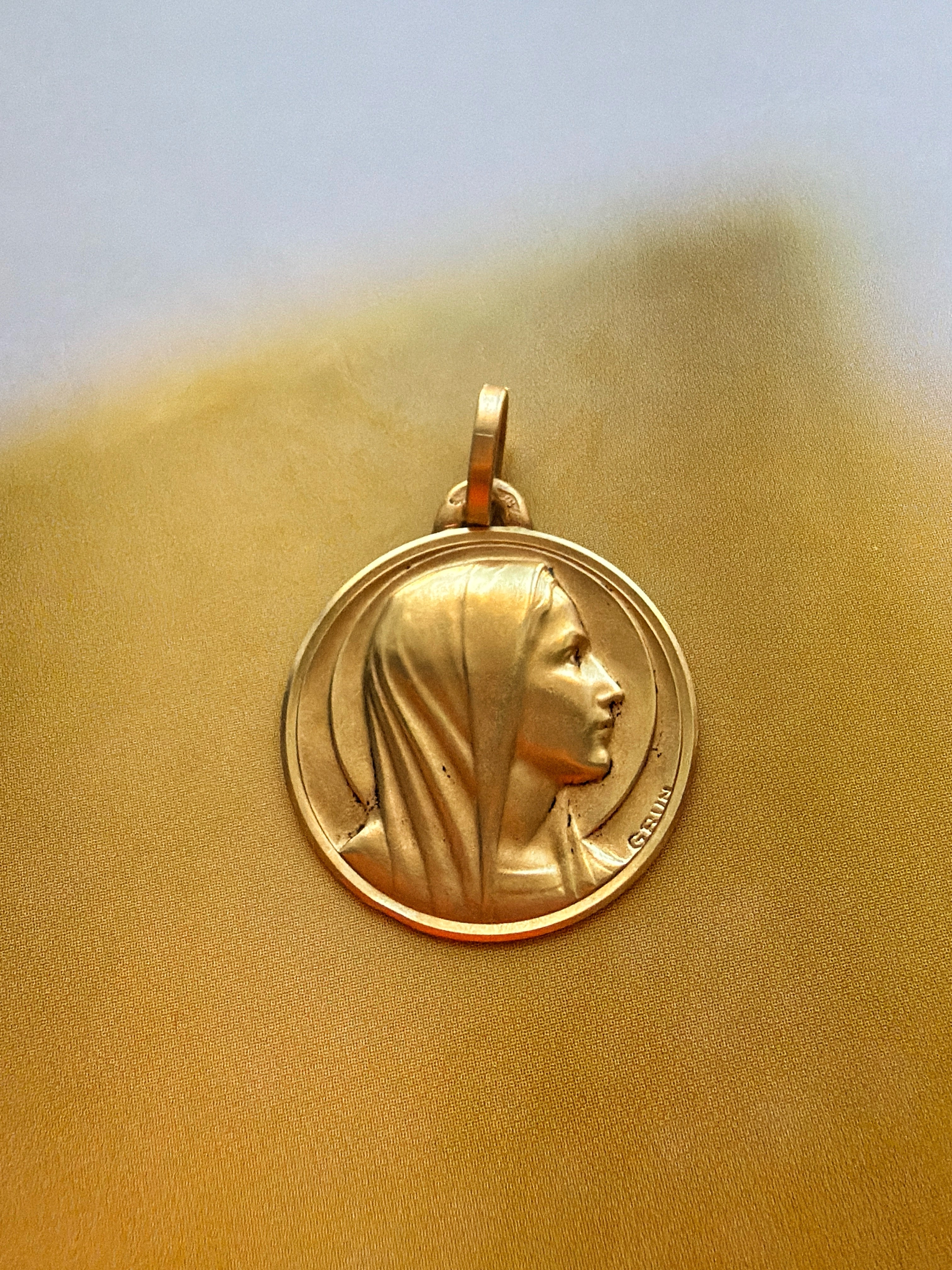 French antique 18K gold Virgin Mary medal pendant signed by GRUN