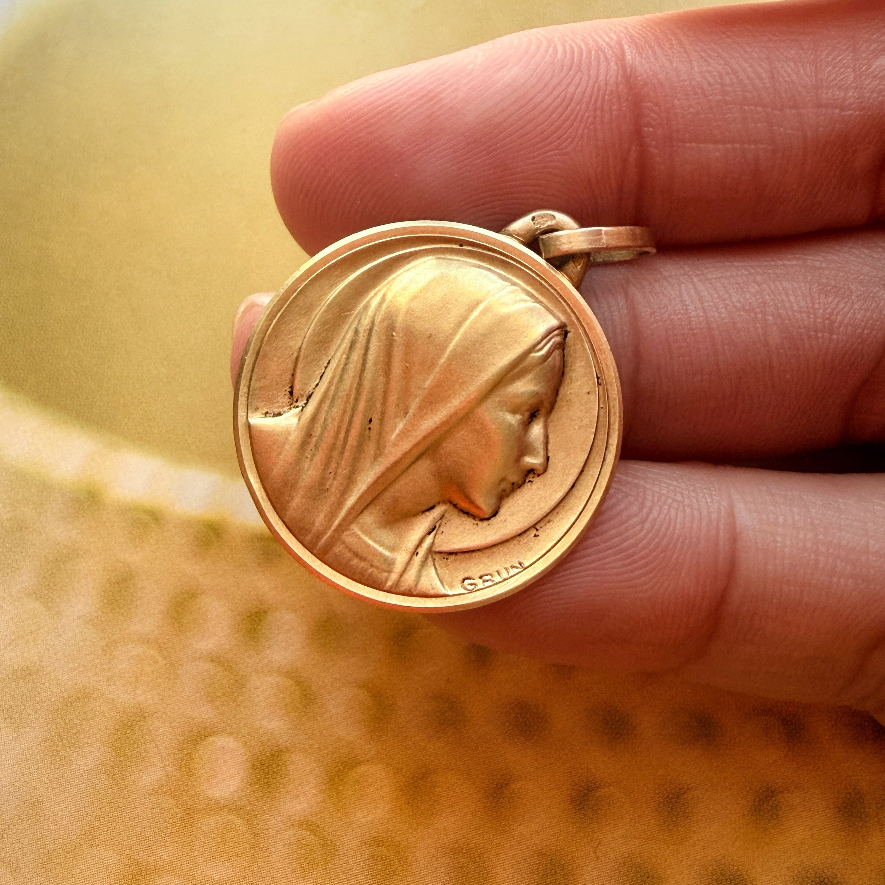 French antique 18K gold Virgin Mary medal pendant signed by GRUN