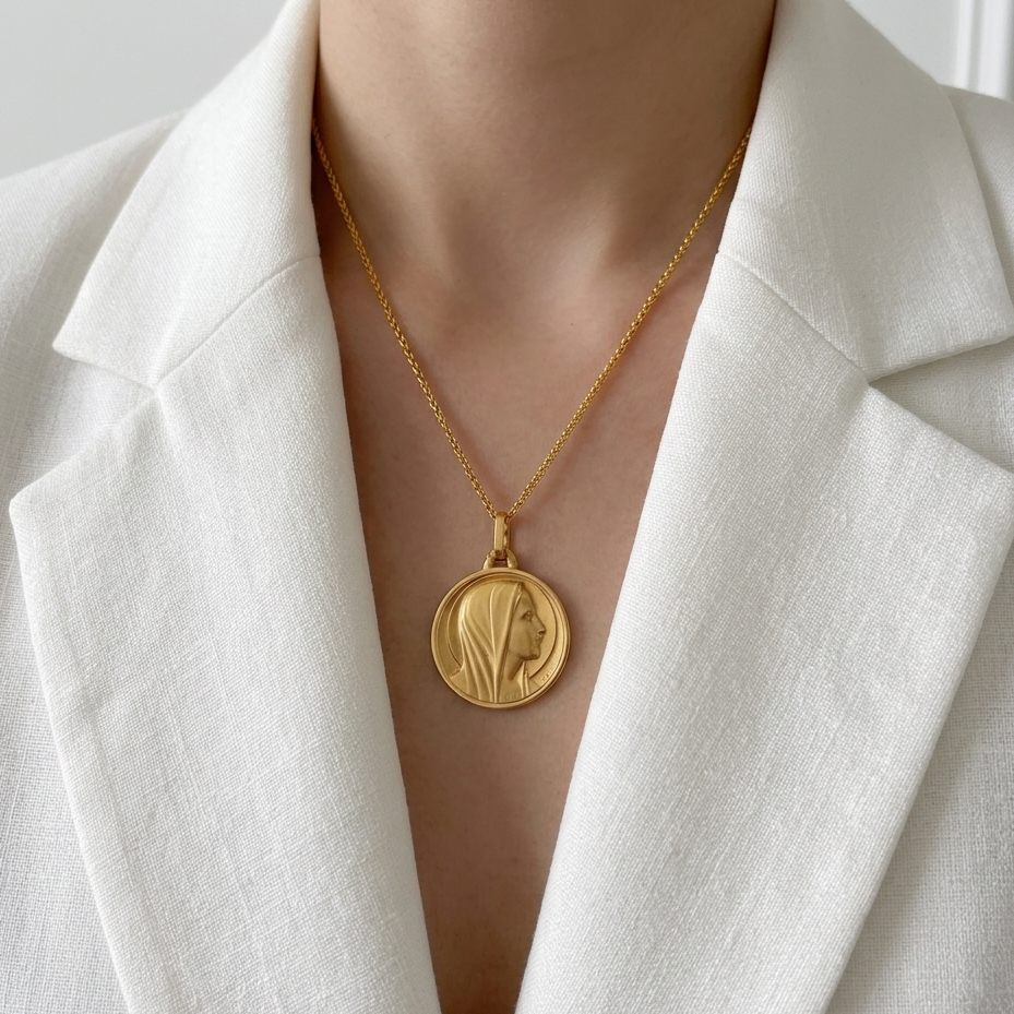French antique 18K gold Virgin Mary medal pendant signed by GRUN