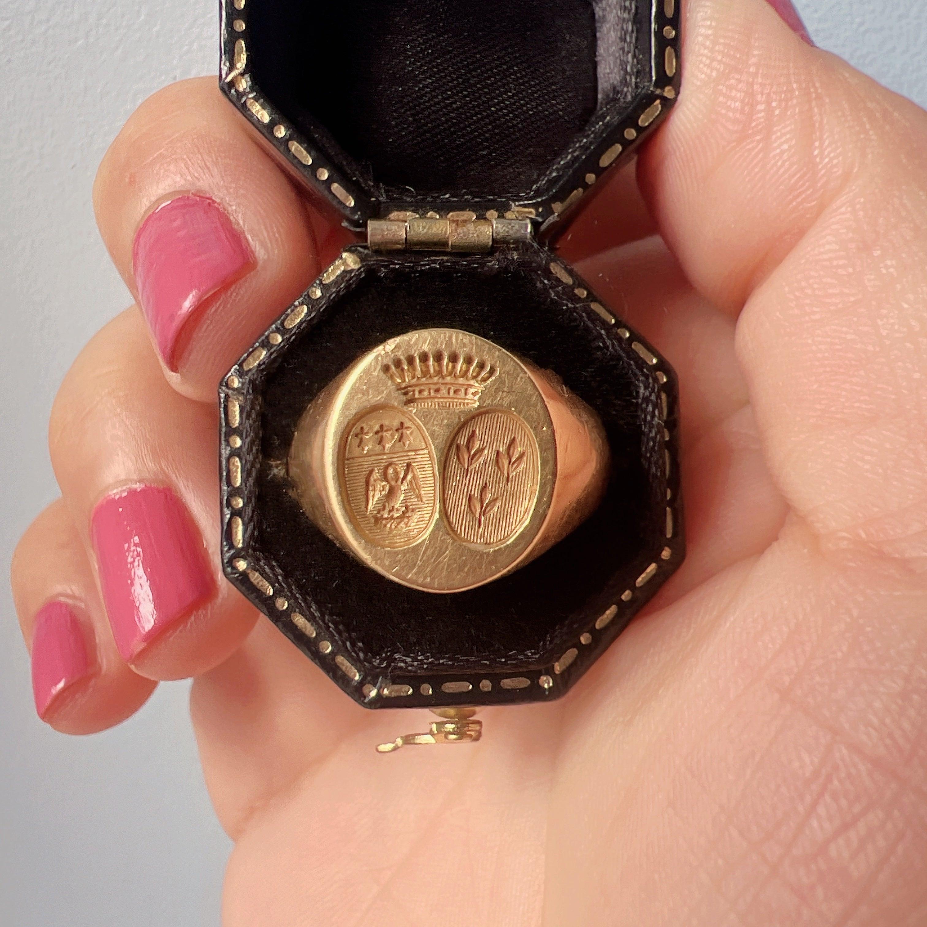 Antique French 18K Gold Signet Ring with Crown and Coats of Arms - Curiously timeless