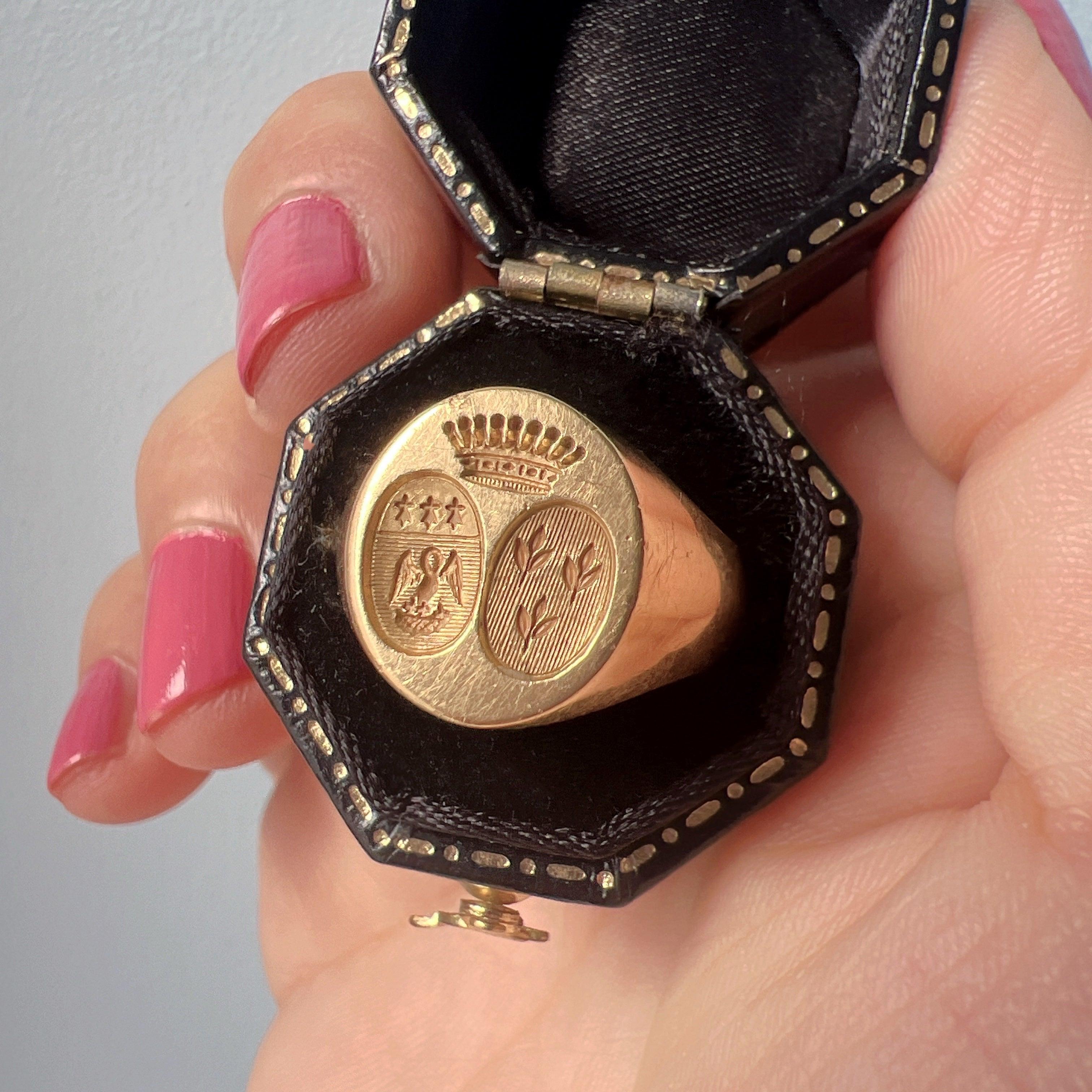 Antique French 18K Gold Signet Ring with Crown and Coats of Arms - Curiously timeless