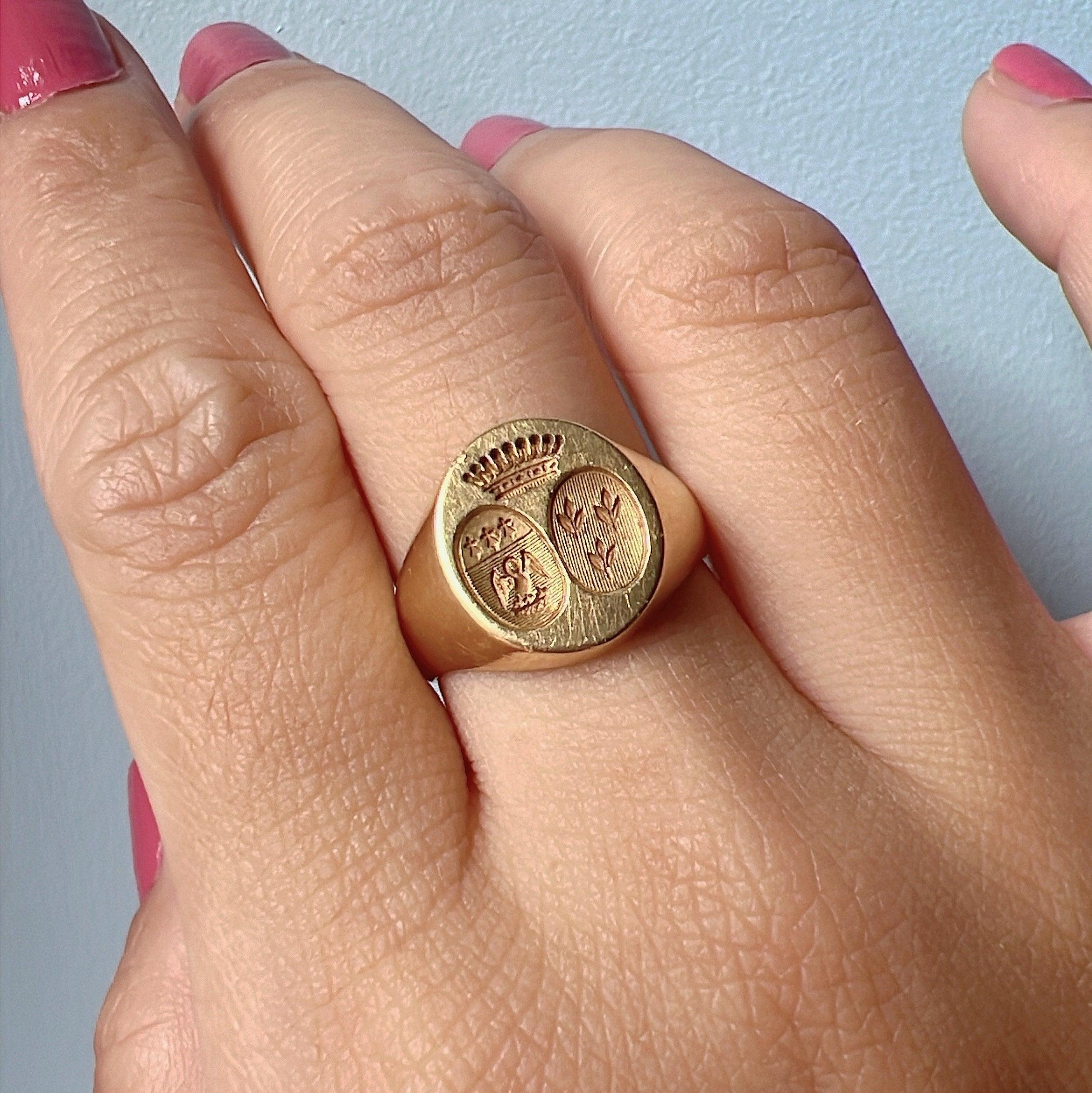 Antique French 18K Gold Signet Ring with Crown and Coats of Arms - Curiously timeless