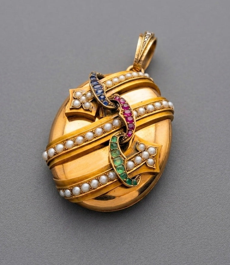 Victorian large 18K gold gemstone arrow locket pendant