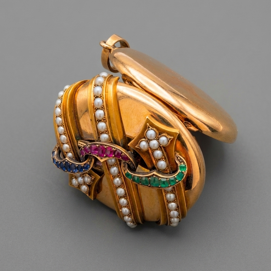 Victorian large 18K gold gemstone arrow locket pendant