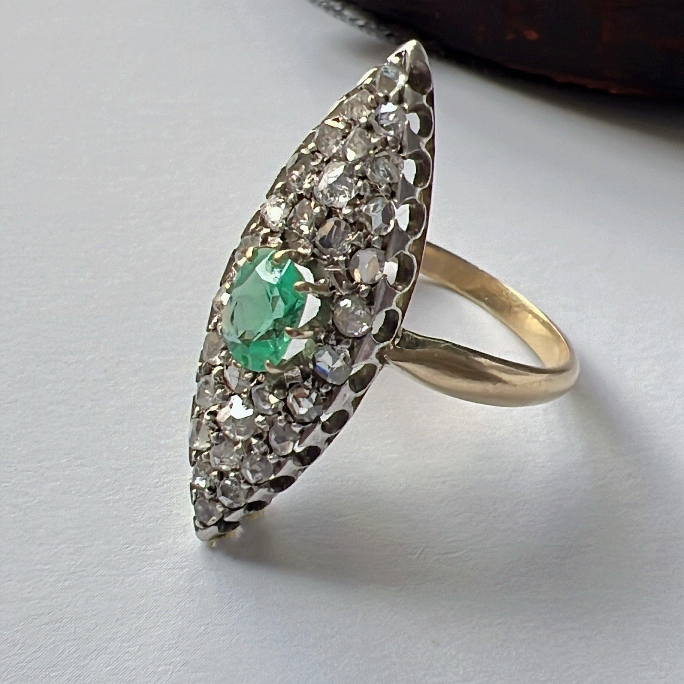 Antique 18K gold emerald diamond marquise ring - Curiously timeless