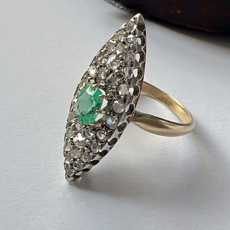 Antique 18K gold emerald diamond marquise ring