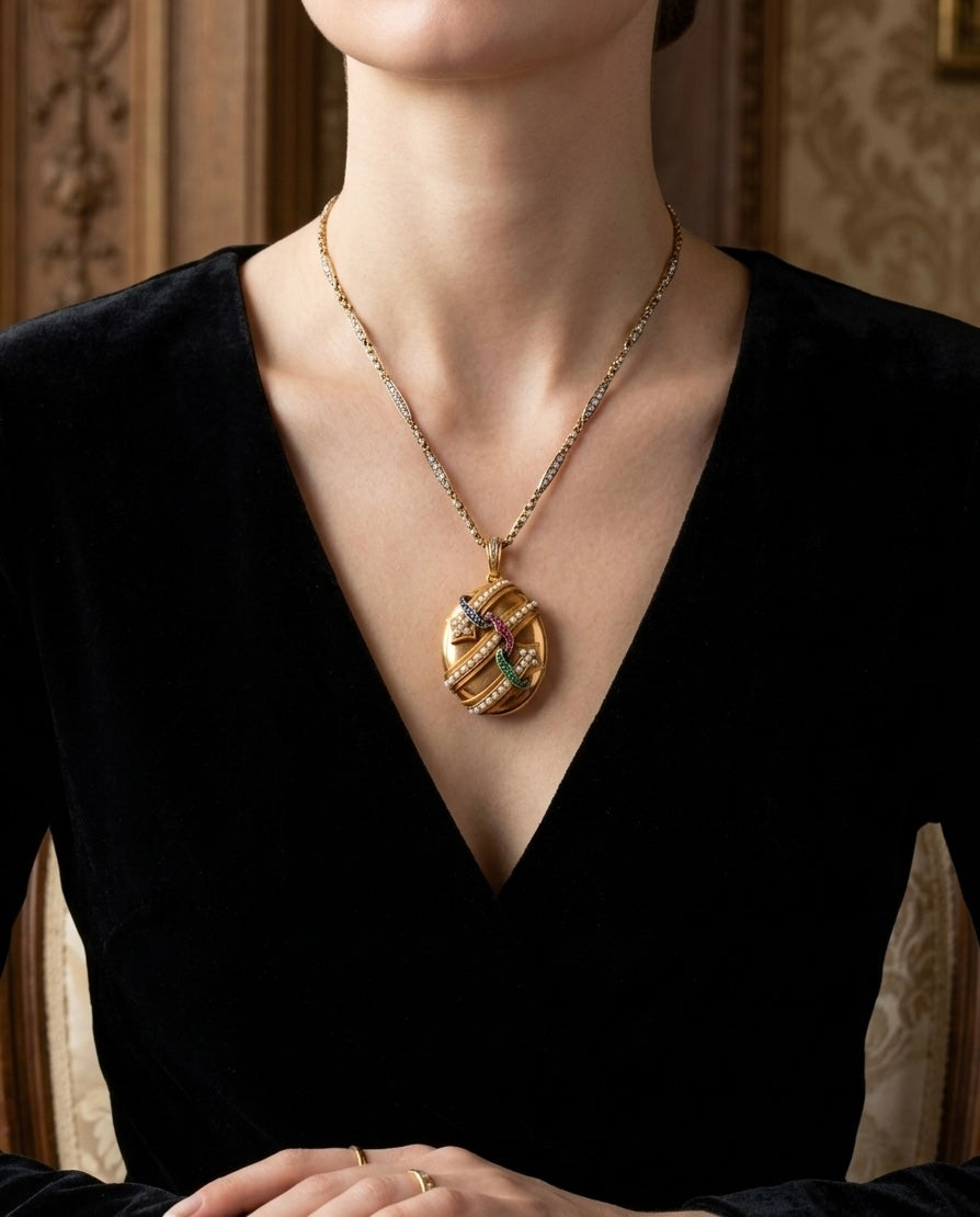 Victorian large 18K gold gemstone arrow locket pendant