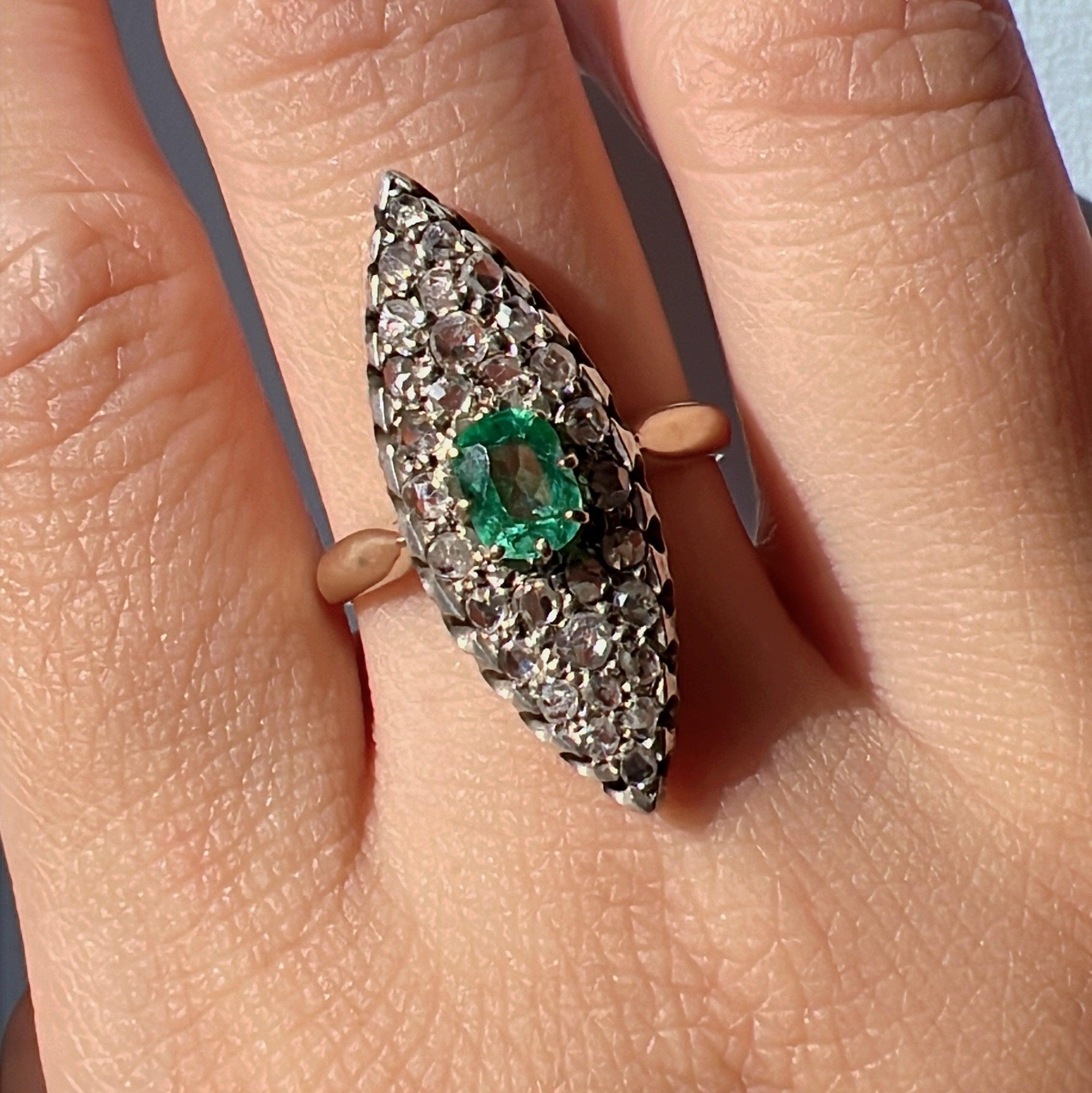 Antique 18K gold emerald diamond marquise ring - Curiously timeless