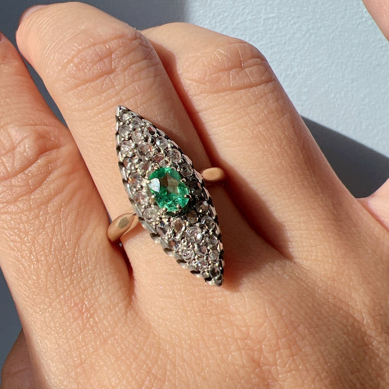 Antique 18K gold emerald diamond marquise ring