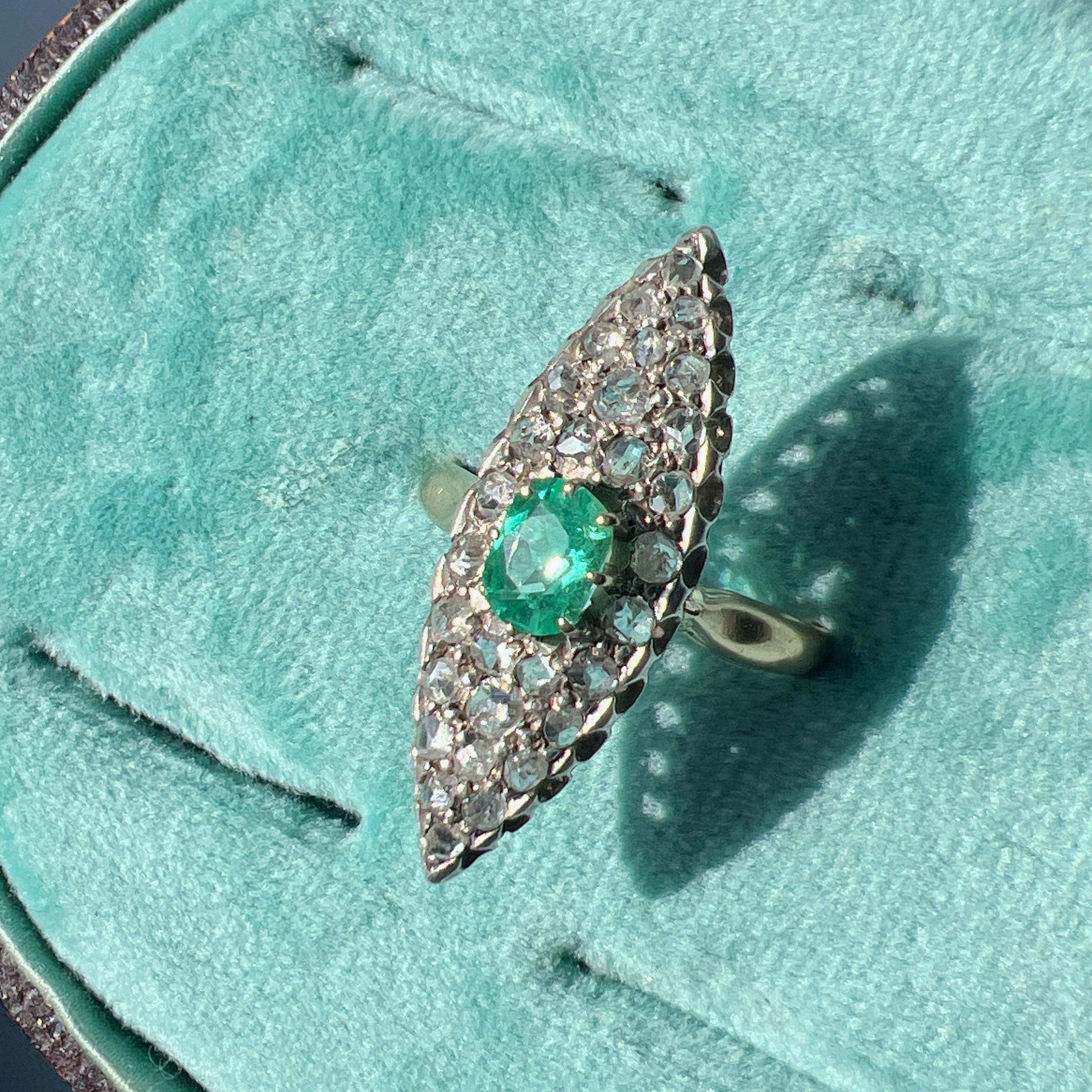 Antique 18K gold emerald diamond marquise ring - Curiously timeless