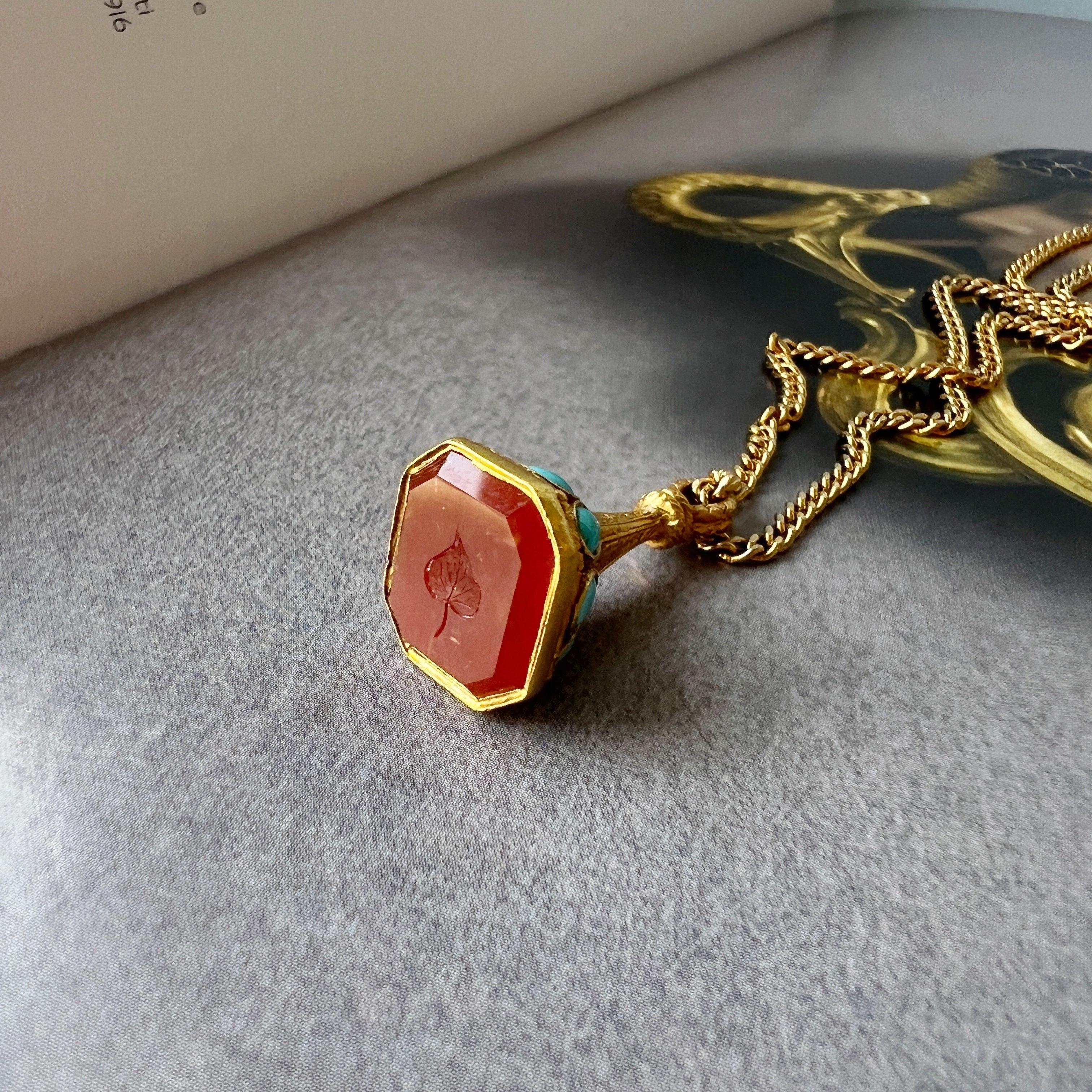 Antique 18K gold turquoise carnelian seal fob pendant “as free as a leaf” - Curiously timeless