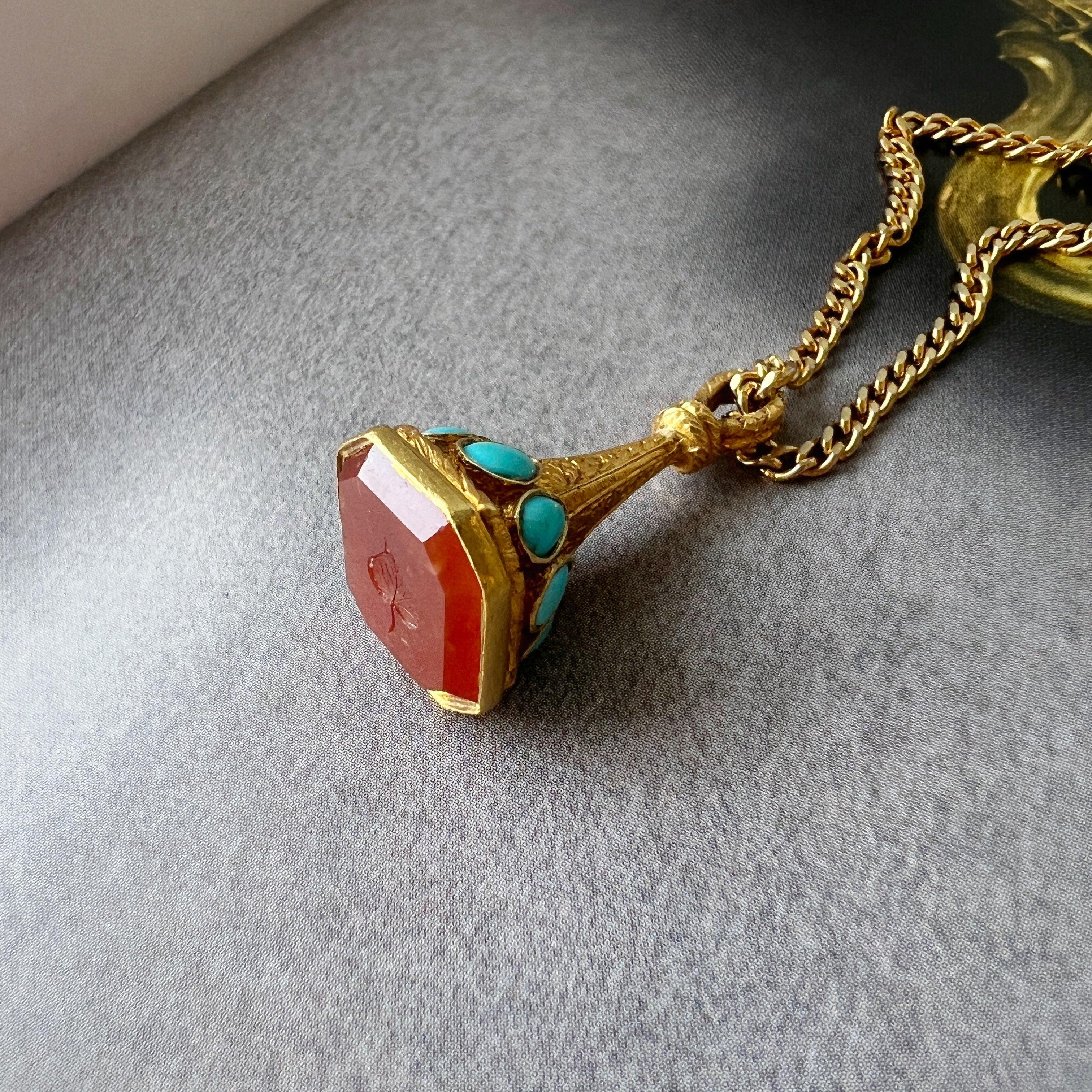 Antique 18K gold turquoise carnelian seal fob pendant “as free as a leaf” - Curiously timeless