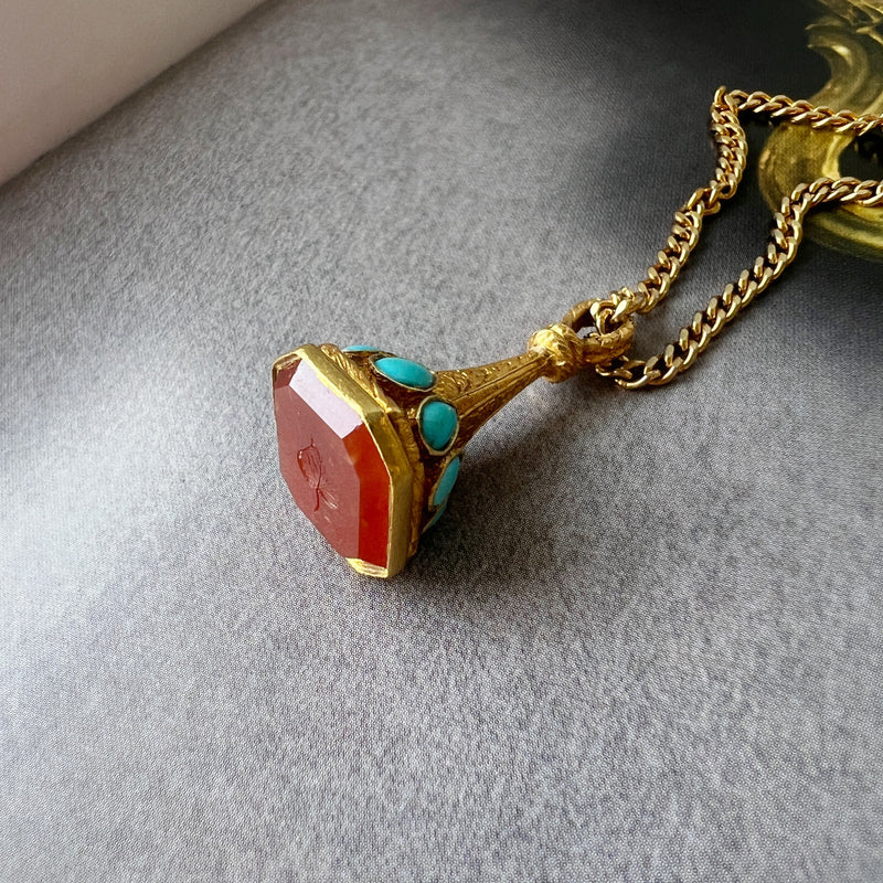 Antique 18K gold turquoise carnelian seal fob pendant “as free as a leaf”