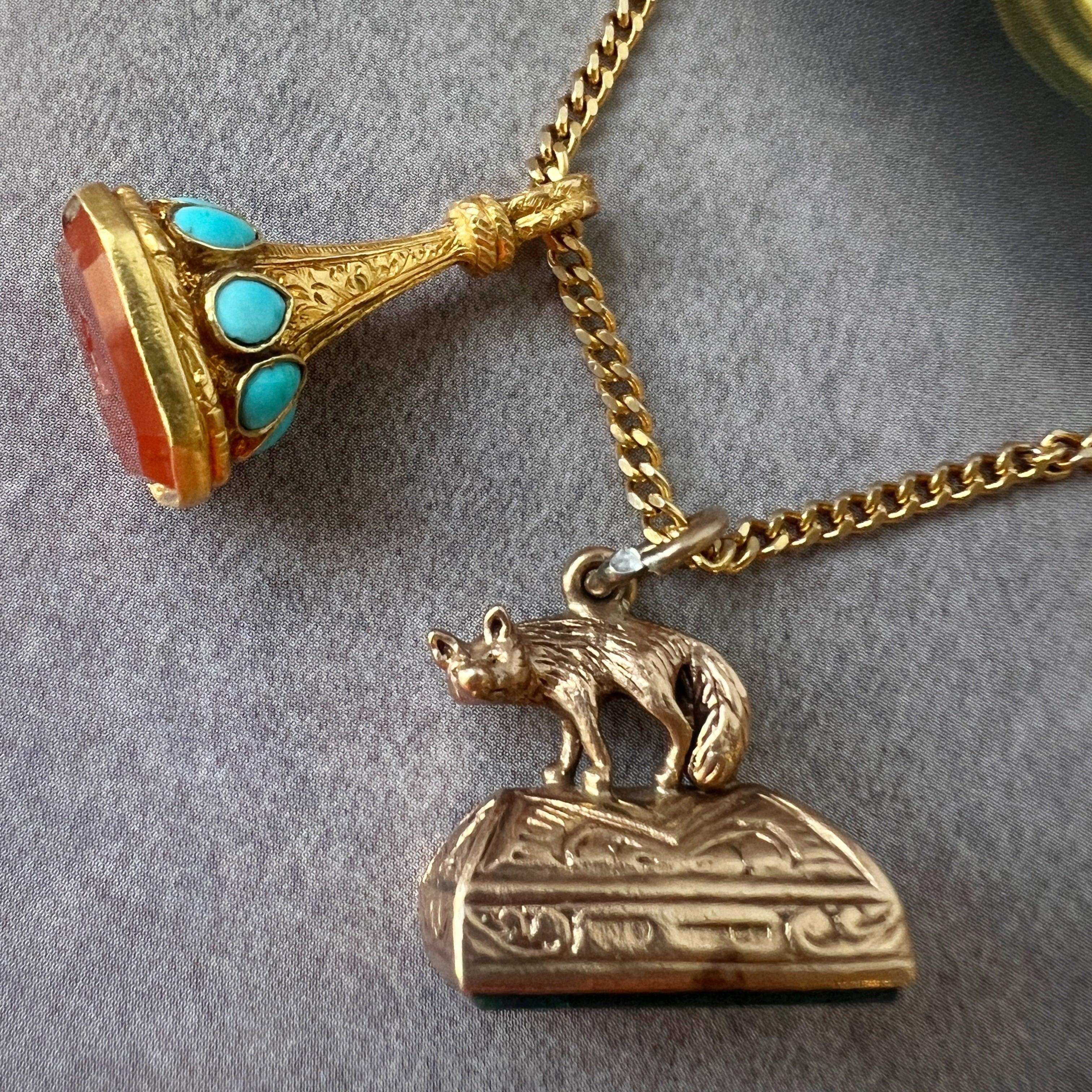 Antique 18K gold turquoise carnelian seal fob pendant “as free as a leaf” - Curiously timeless