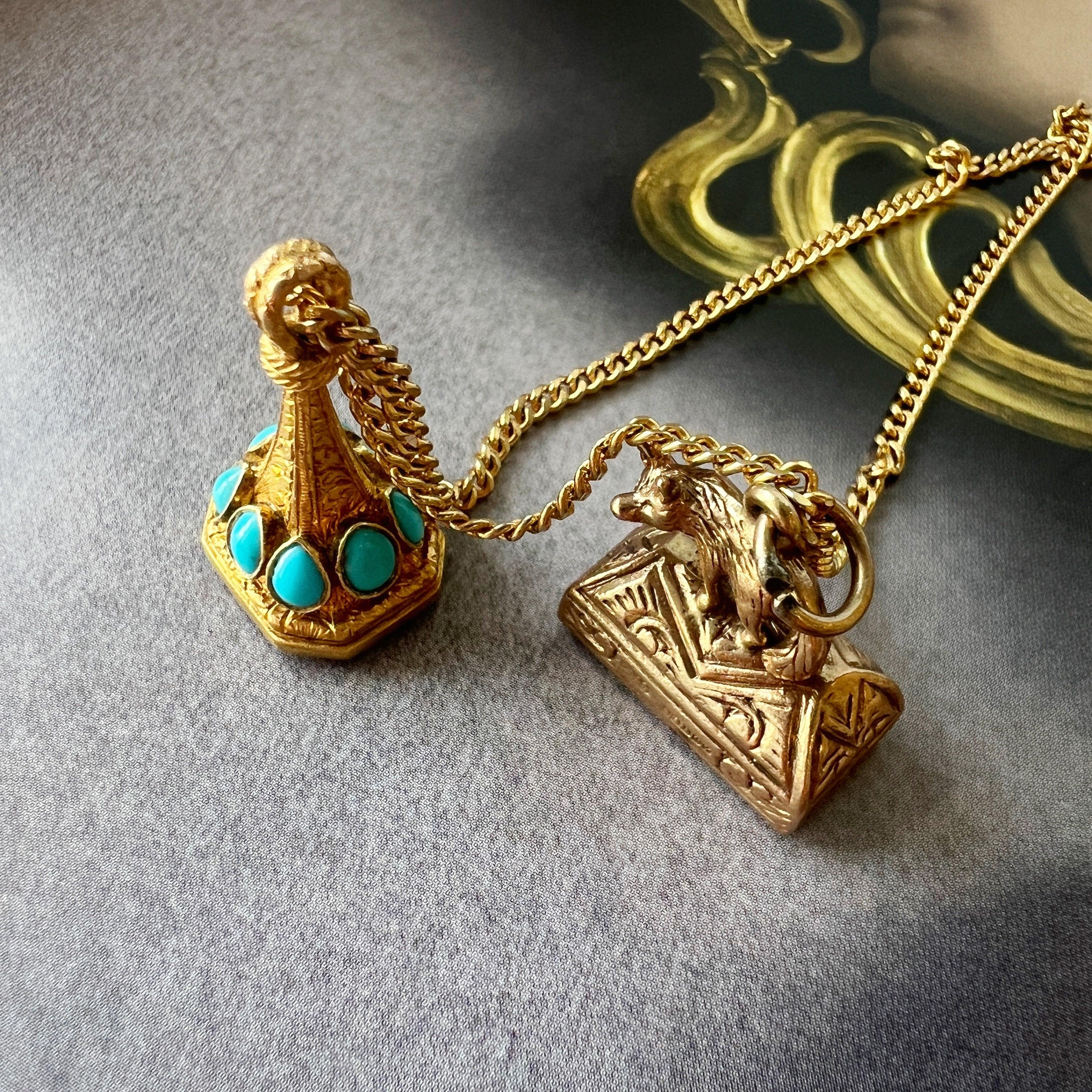 Antique 18K gold turquoise carnelian seal fob pendant “as free as a leaf” - Curiously timeless