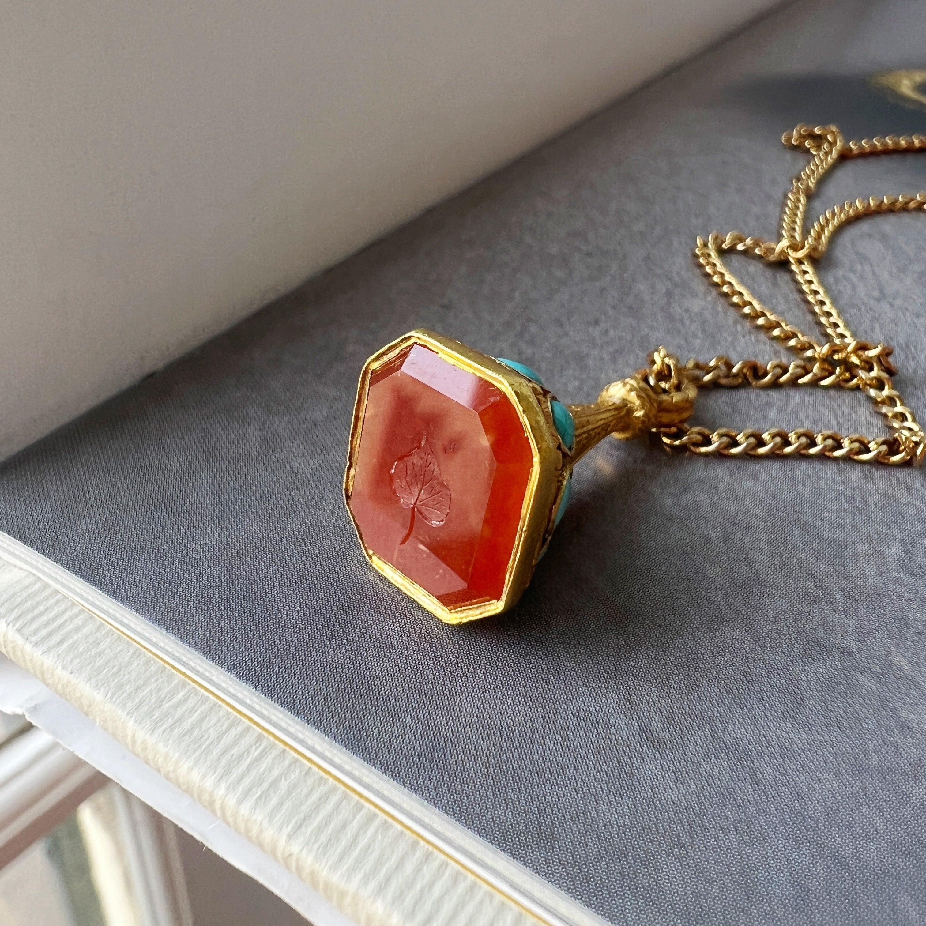 Antique 18K gold turquoise carnelian seal fob pendant “as free as a leaf” - Curiously timeless