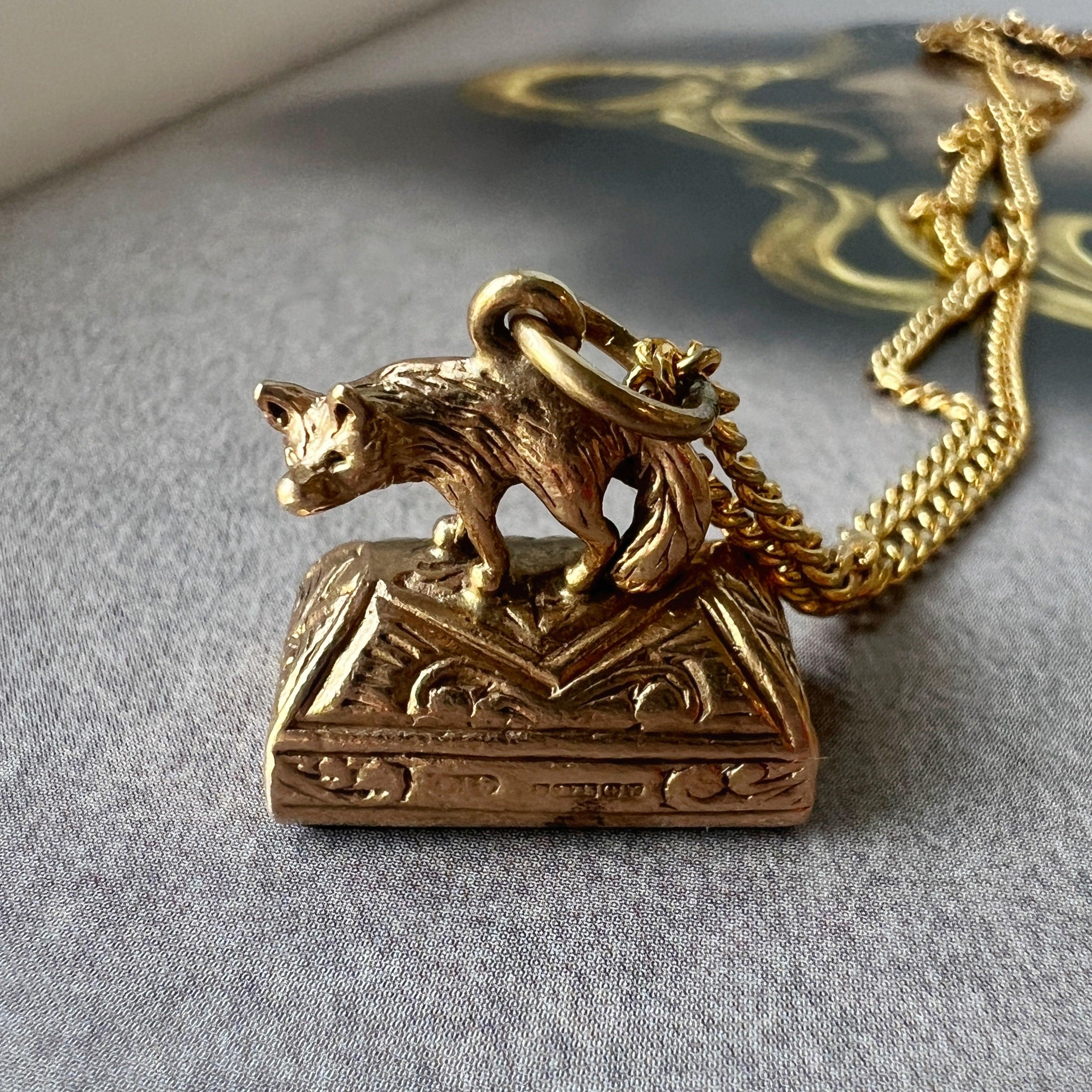 Antique 9K gold bloodstone fox fob pendant - Curiously timeless