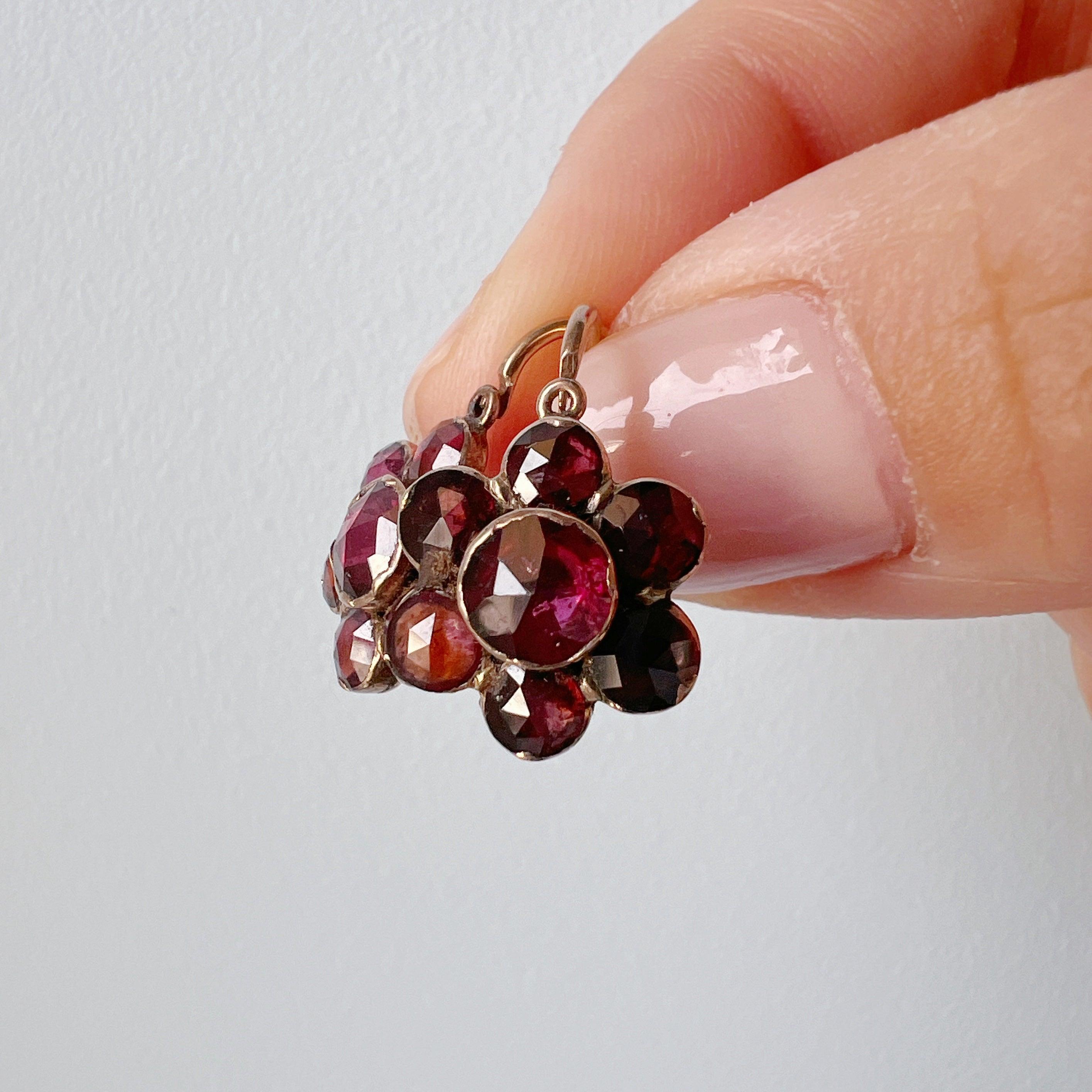 Antique 18K gold French Perpignan garnet flower earrings - Curiously timeless