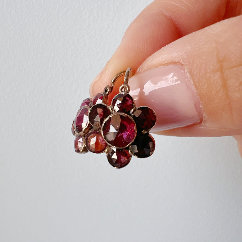 Antique 18K gold French Perpignan garnet flower earrings