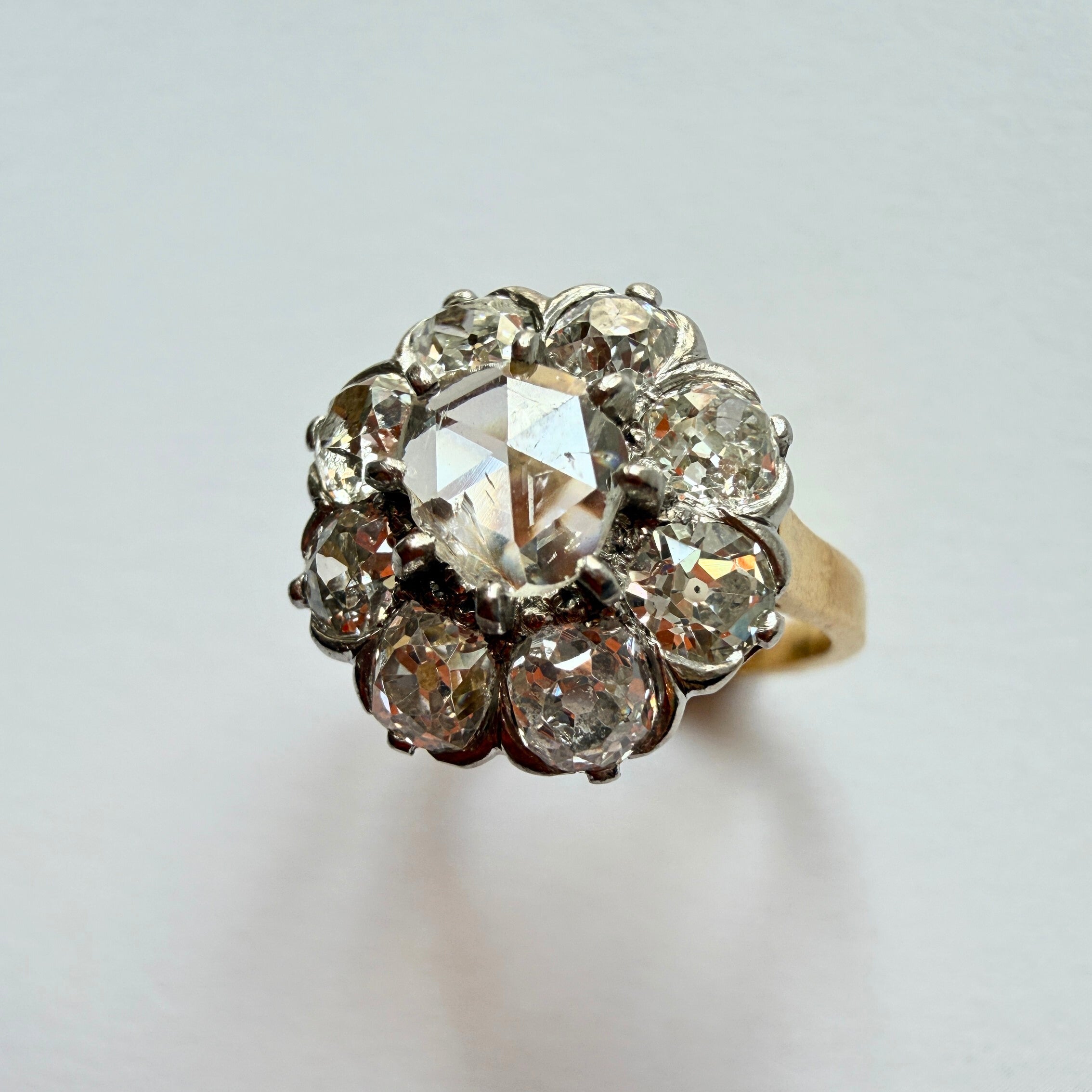 Antique French 18K gold rose & OMC cut diamond cluster ring